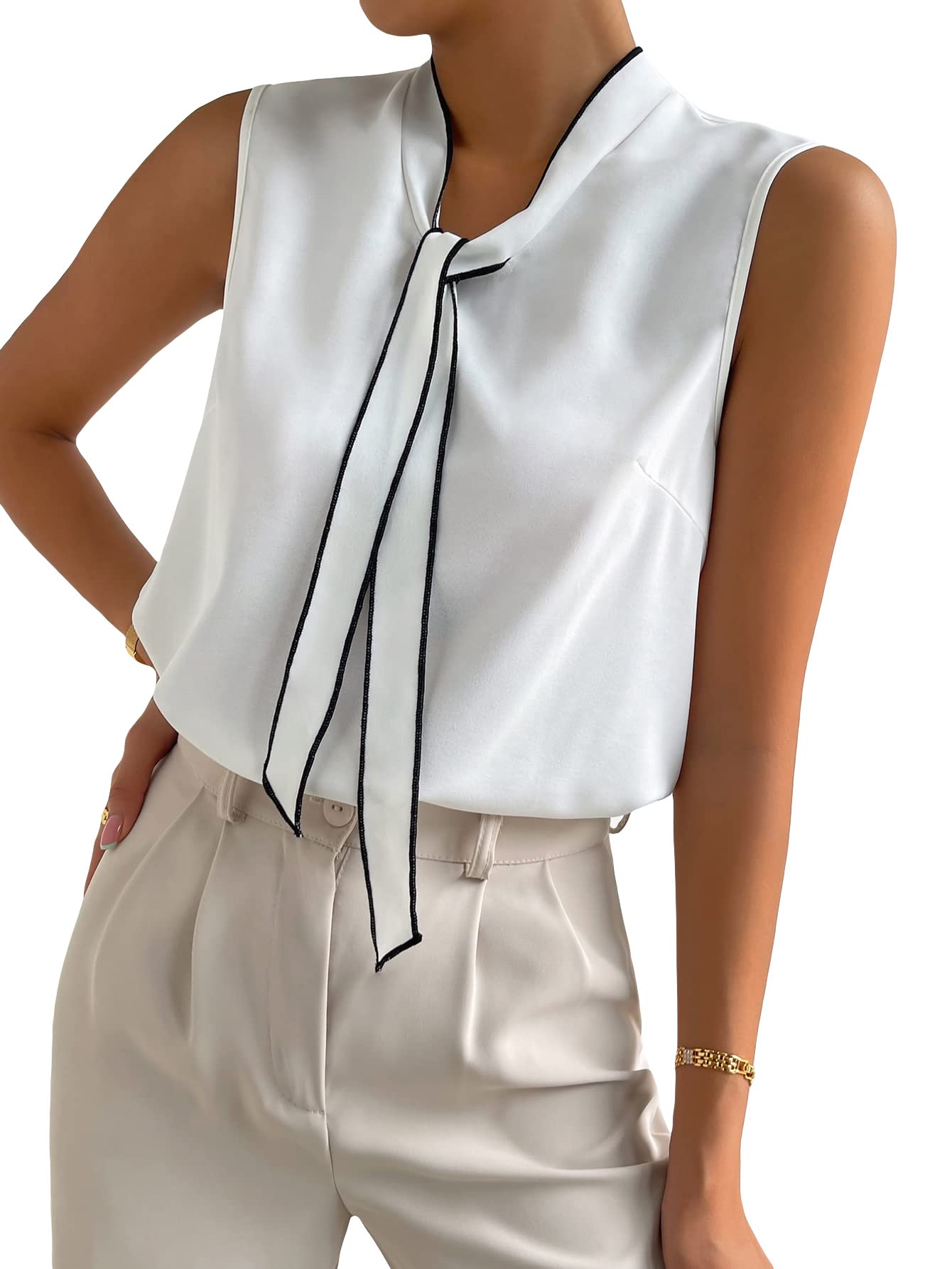 Milumia Women's Elegant V-Neck Sleeveless Blouse - Office Work Tank Top with Tie Detail - Perfect for Business Casual, Summer Workwear & Professional Outfits