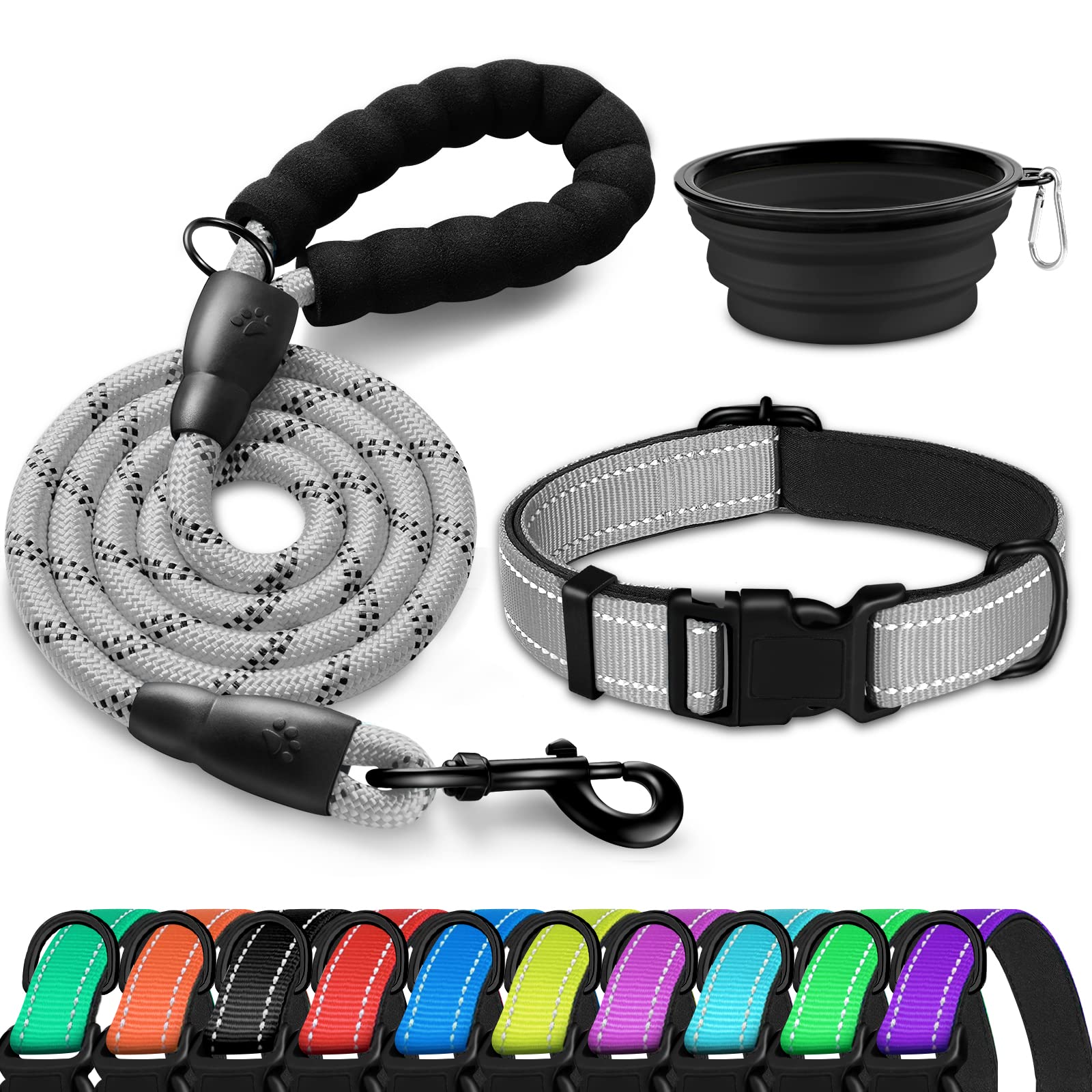 DOYOO Soft Neoprene Padded Reflective Adjustable Dog Collar & Leash Set with Quick Release Buckle - Nylon Pet Collars for Small Medium Large Dogs + Collapsible Travel Bowl | Perfect for Walking, Training & Outdoor Adventures