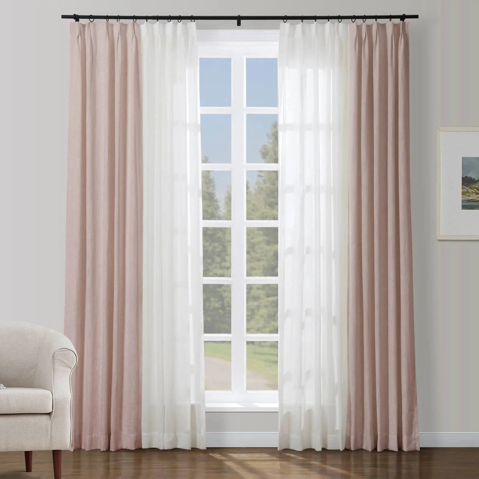 Half Linen Half Sheer Pleated Curtain Panels (Set of 2) - Elegant Window Drapes for Living Room, Bedroom & Dining Room Decor