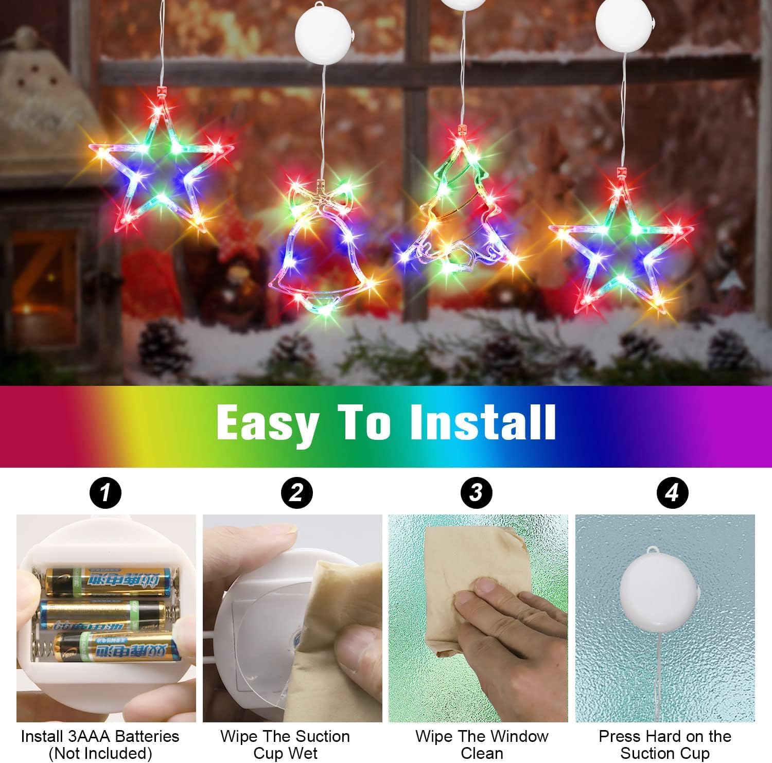 3PCS Christmas Window Lights Decorations - Battery Operated LED Star & Jingle Bell String Lights with Suction Cups for Indoor Fireplace, Tree & Holiday Decor - Perfect for Christmas, New Year & Winter Home Decoration