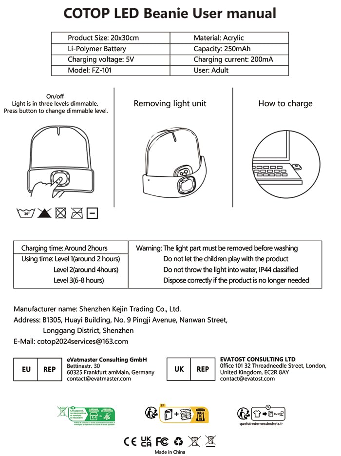 COTOP LED Beanie Hat for Men & Women - Winter Illuminated Cap with 4 LED Lights & 3 Brightness Levels - Perfect for Mountaineering, Camping, Hiking & Nighttime Outdoor Activities
