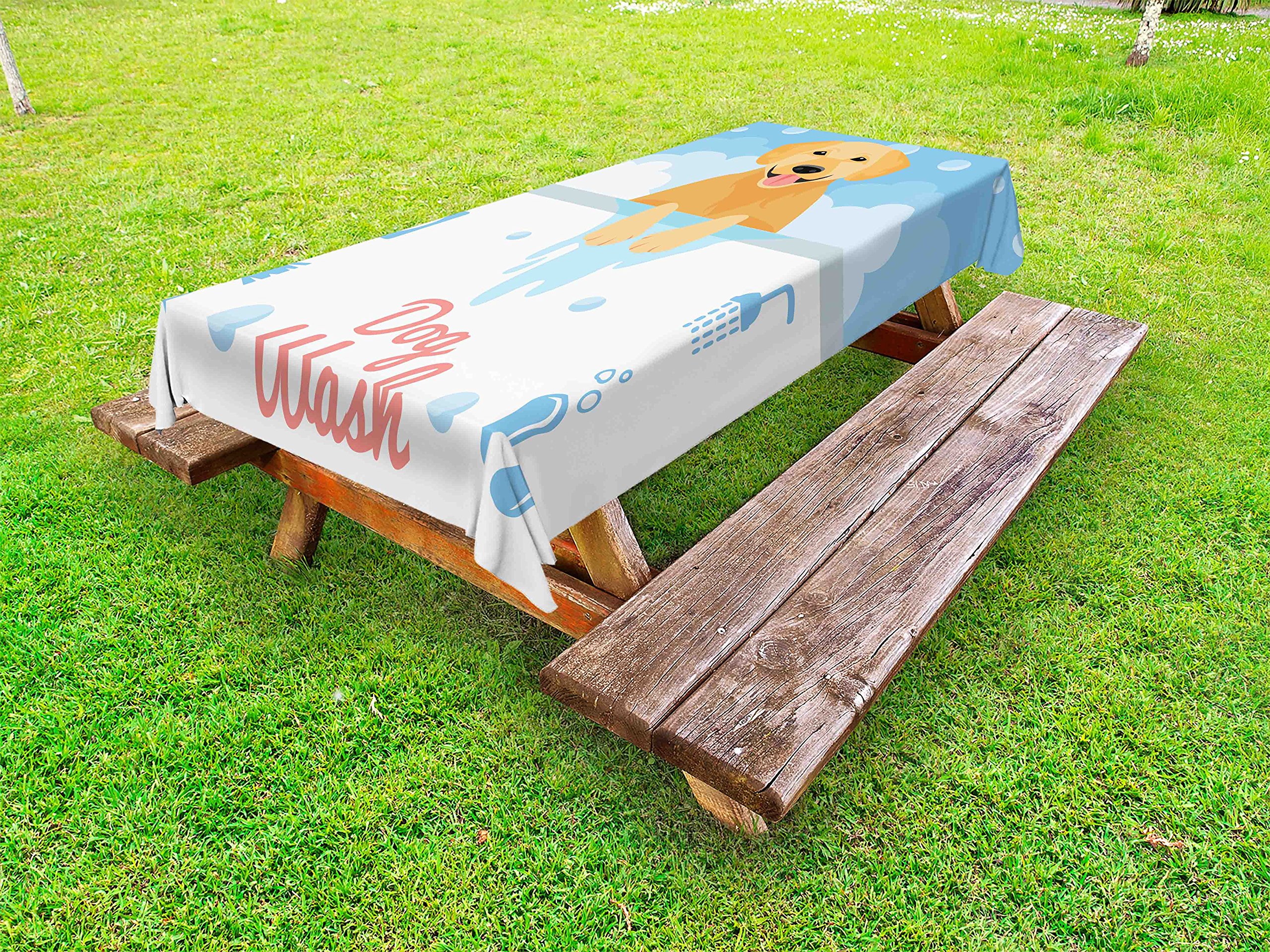 Ambesonne Golden Retriever Dog Bath Cartoon Tablecloth - Waterproof Washable Picnic Table Cover 58x120 Inches - Pale Blue & Coral Orange for Outdoor Dining, BBQ, Garden Parties, and Pet Lover Gatherings