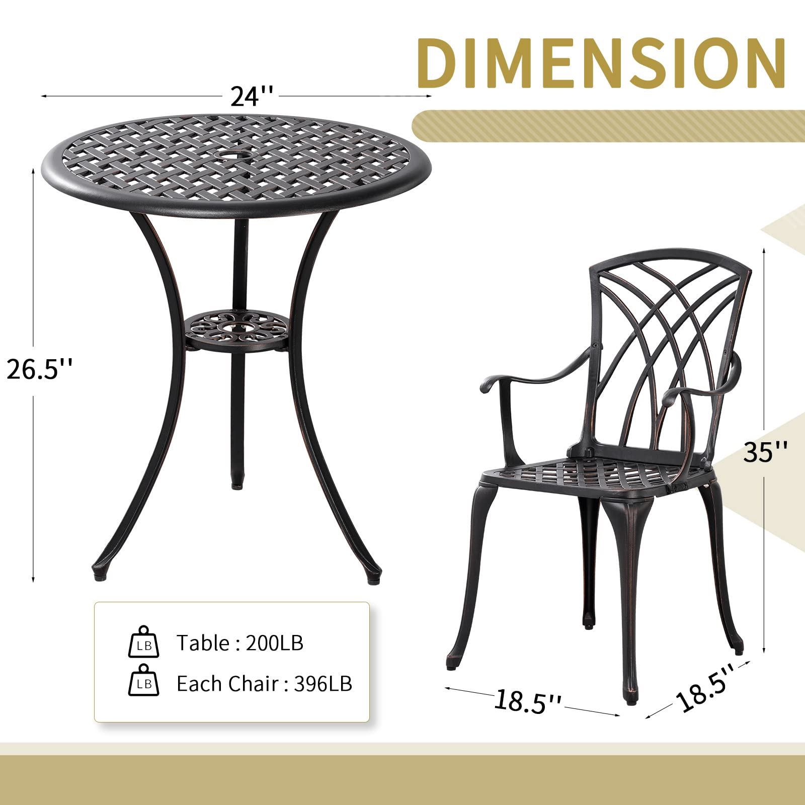 3-Piece Outdoor Bistro Set with Umbrella Hole - Rust-Resistant Patio Table & Chairs for Porch, Balcony or Garden - Perfect for Morning Coffee, Afternoon Tea and Outdoor Dining
