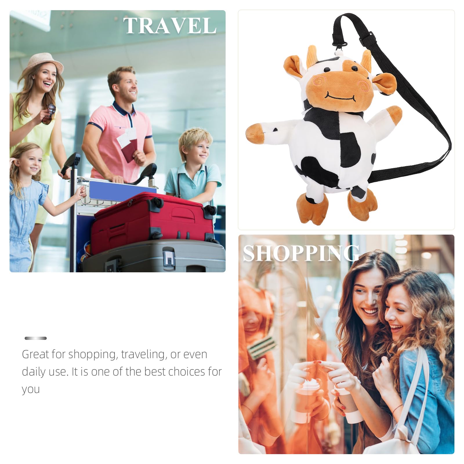 VALICLUD Cute Cow Plush Crossbody Bag for Women & Girls - Soft Stuffed Animal Coin Purse with Adjustable Strap - Perfect for School, Travel & Casual Outings