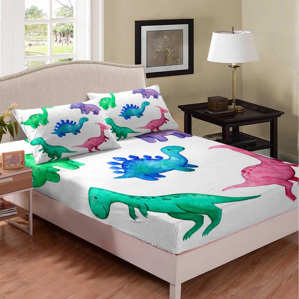 Dinosaur Bedding Set for Kids - 3 Piece Queen Size Duvet Cover with Cartoon Dino Print (1 Fitted Sheet + 2 Pillowcases) - Soft Cotton Dinosaur Themed Bed Sheets for Boys/Girls Bedroom Decor - Perfect for Nursery, Kids Room or Dinosaur Themed Birthday Party
