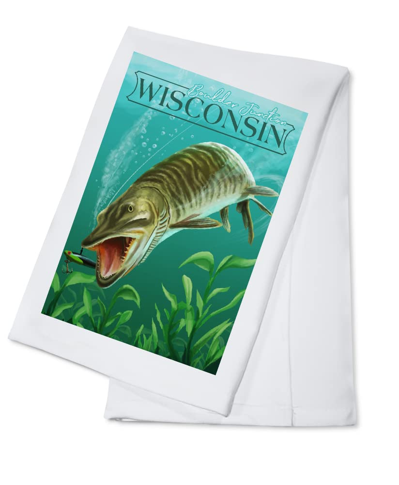 Premium 100% Cotton Muskie Fish Tea Towel - Decorative Hand Towel for Kitchen & Home - Boulder Junction Wisconsin Inspired - Perfect for Dish Drying, Gift Giving & Cabin Decor