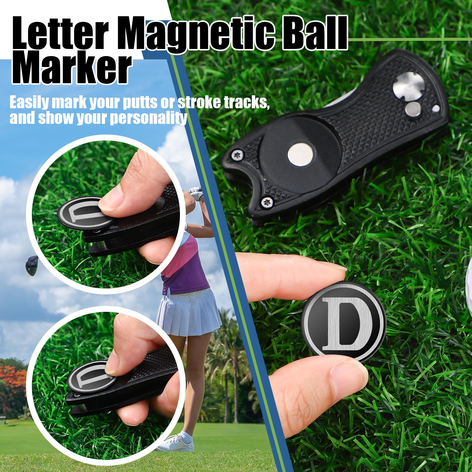 Personalized Golf Divot Repair Tool with Monogram Initials & Magnetic Ball Marker - Foldable Metal Putter Alignment Aid | Premium Golf Accessories & Gifts for Men | Perfect for Course Play, Practice & Tournament Use