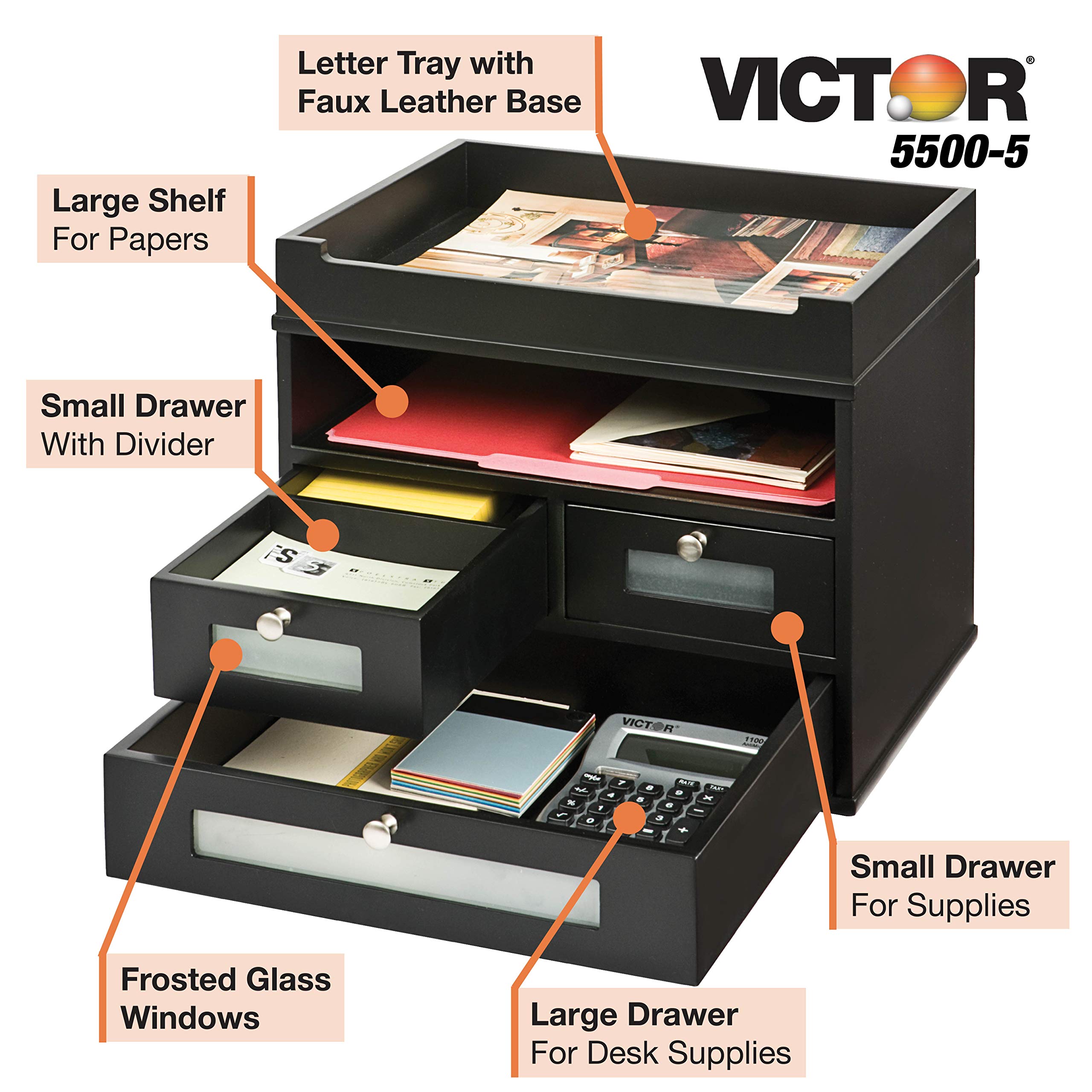 Victor Wood Midnight Black Collection - Premium Tidy Tower Desktop Organizer for Office & Home, Black (5500-5) | Perfect for Desk Organization, Stationery Storage & Workspace Decluttering