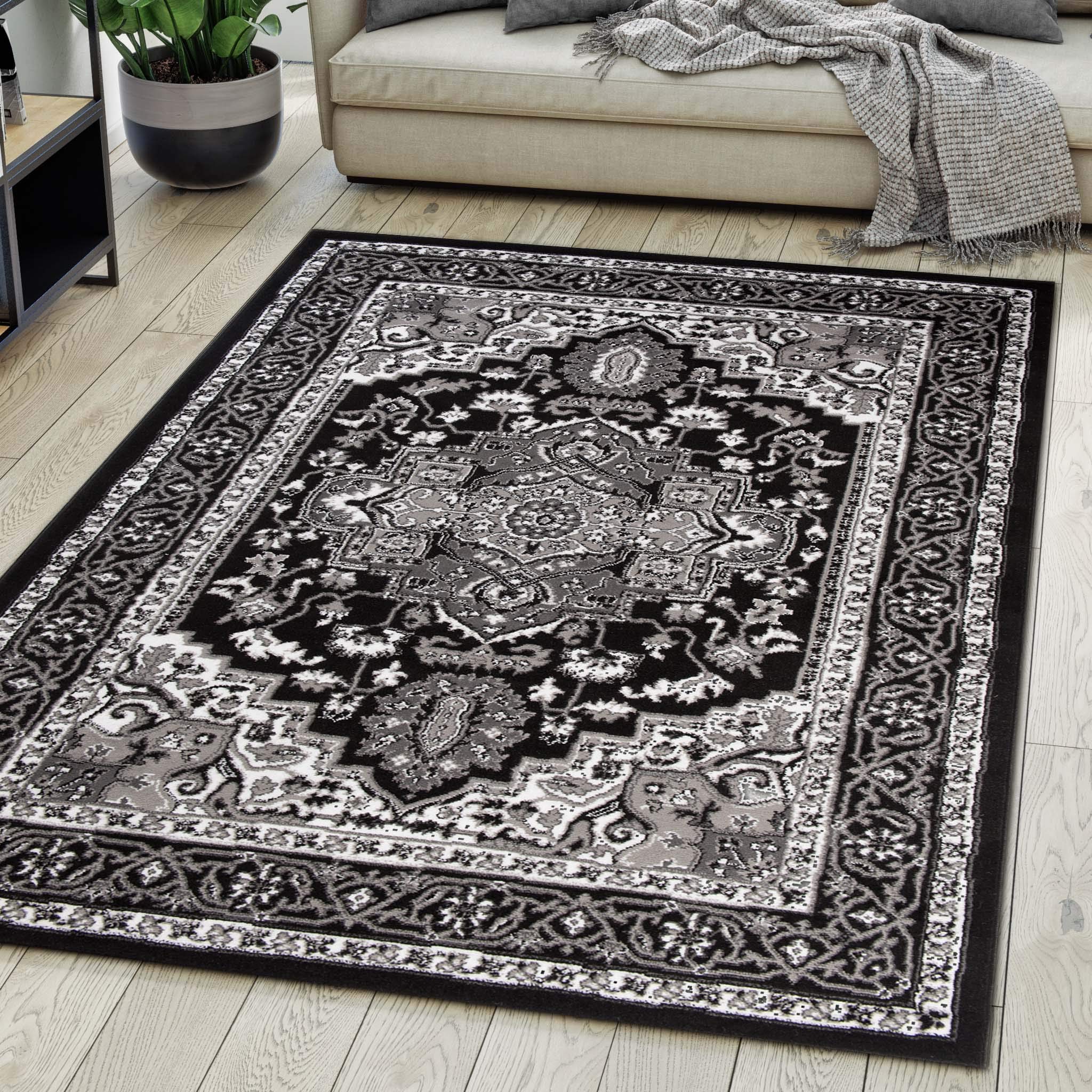 Premium Oriental Rug for Living Room - 140x200cm Short Pile Black Persian Design Carpet - Perfect for Home Decor, Bedroom & Office