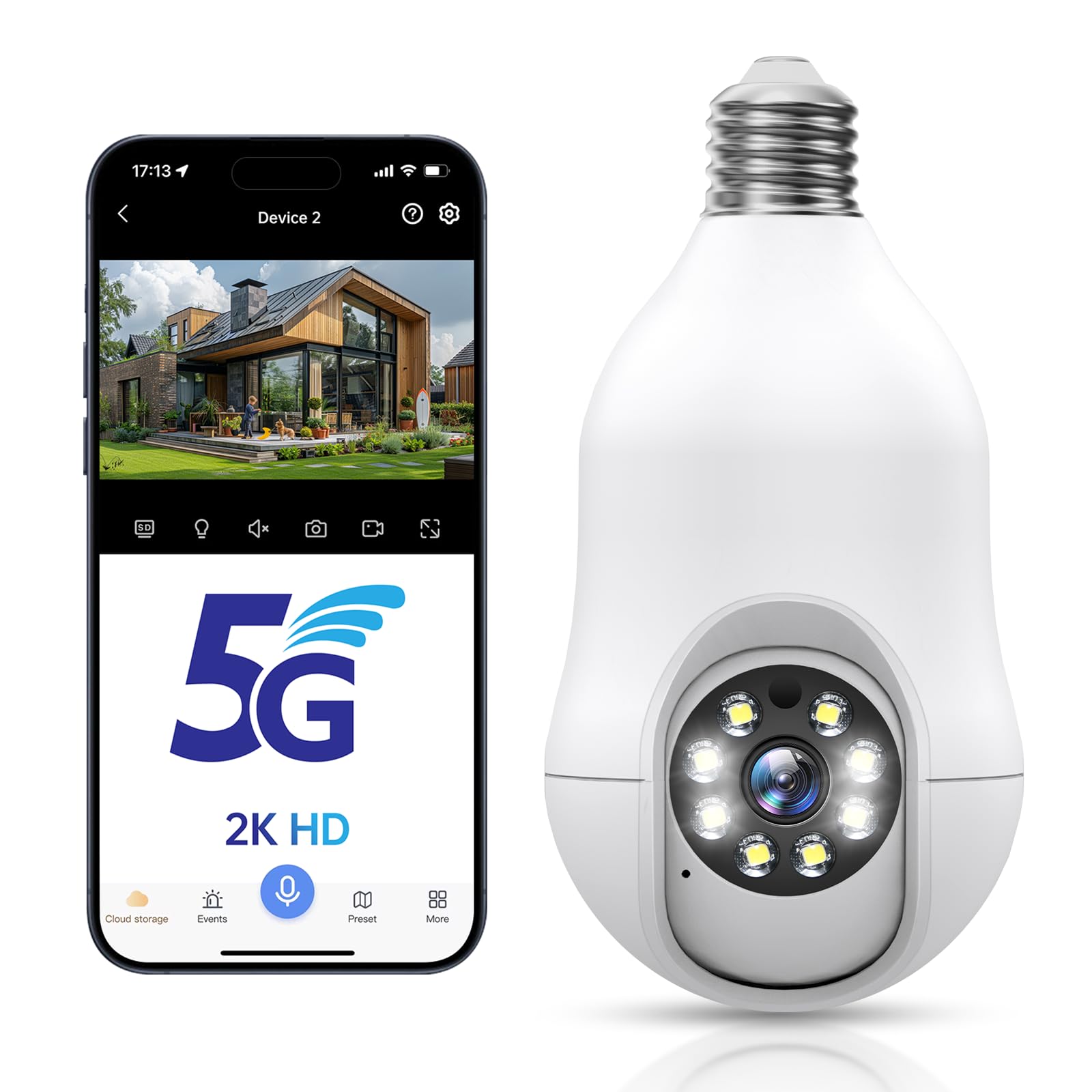 5G & 2.4GHz Wireless Outdoor Security Camera Light Bulb - 2K HD Video, Color Night Vision, Two-Way Talk, Human Motion Detection - Easy Installation for Home, Garage & Backyard Surveillance