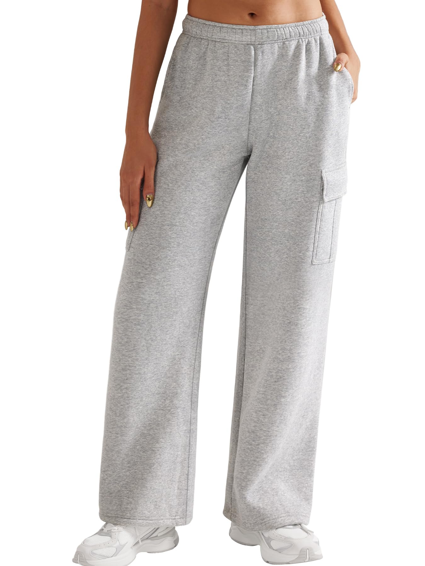 YEOREO Women's Fleece-Lined Cargo Sweatpants - Wide Leg Joggers with Drawstring & Pockets | Cozy Winter Lounge Pants for Casual Wear, Yoga, and Home Comfort