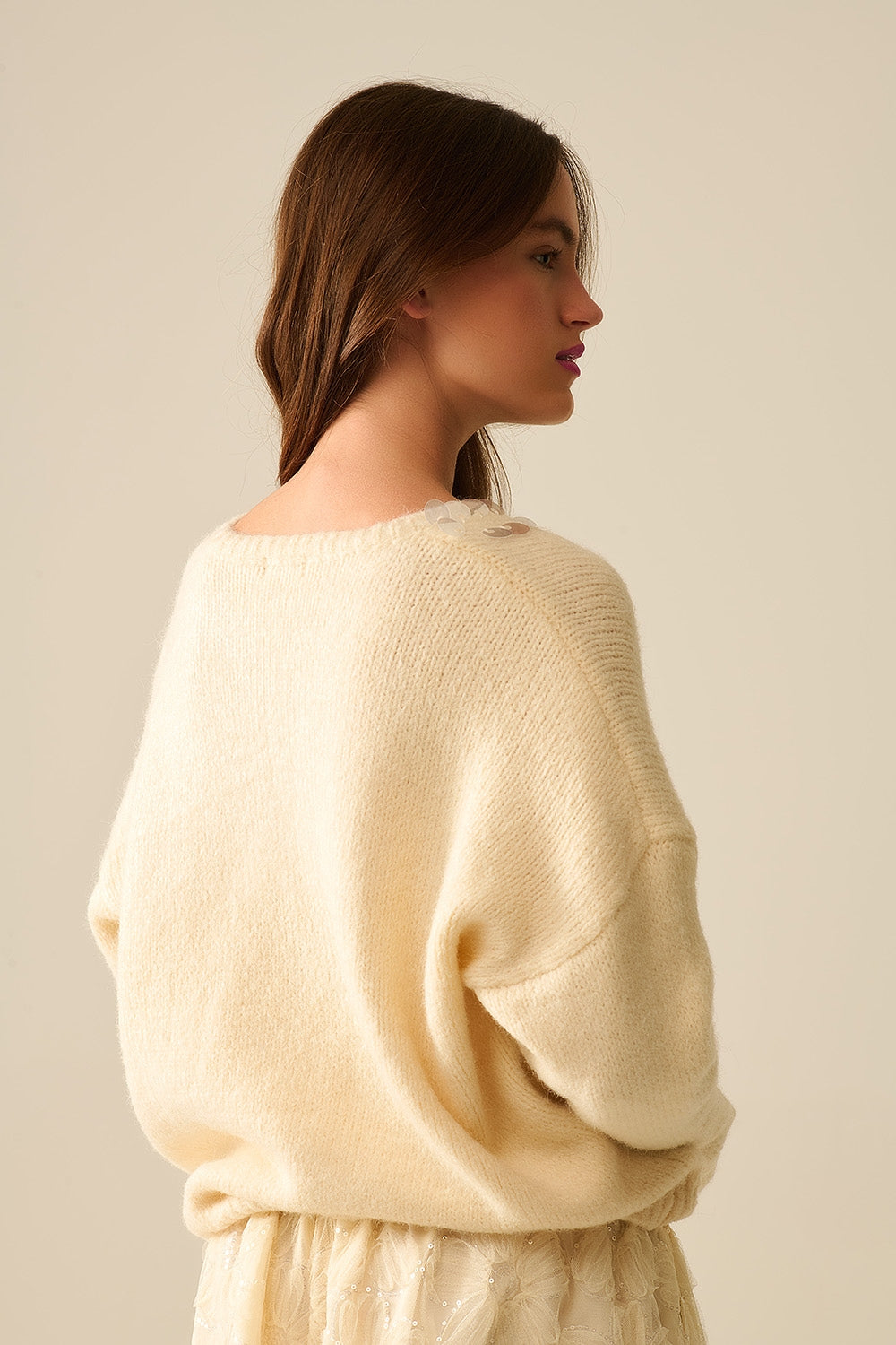 Cream V-Neck Pullover with Sequin Details - Elegant Women's Top for Parties, Dates & Special Occasions