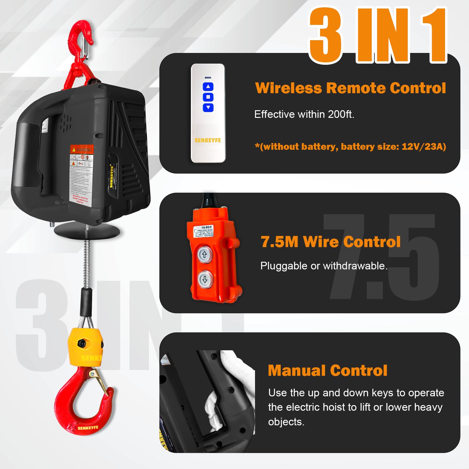 1100LBS Electric Hoist Winch - 3-in-1 Portable Lifting System with 25FT Cable & Strap - 110V Ceiling Winch for Towing, Garage, Warehouse & Construction Use