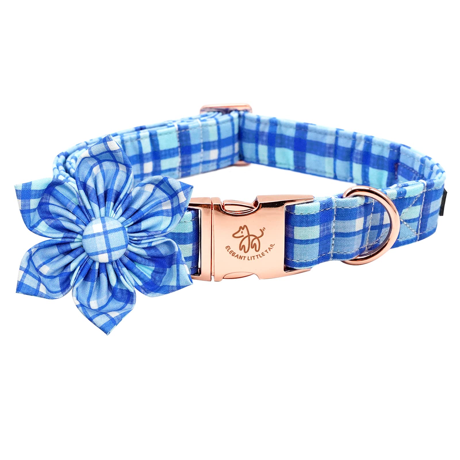 Elegant Blue Plaid Dog Collar with Flower - Soft Adjustable Pet Collar for Medium Dogs | Perfect for Daily Walks, Pet Photos & Special Occasions