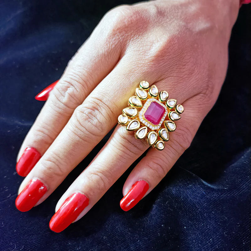 Exquisite Designer Gold Plated Royal Kundan Beaded Ring (Design 137) - Perfect for Weddings, Parties & Special Occasions