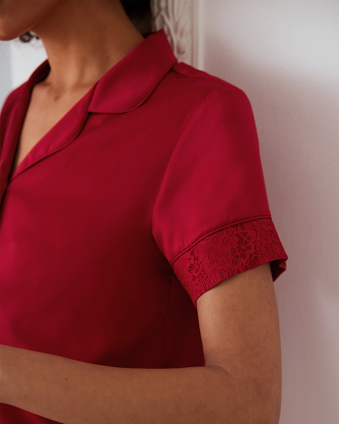 Red Satin Lace Trim Short Pajama Set for Women - Soft Sleepwear & Lounge Wear for Summer Nights & Relaxation at Home