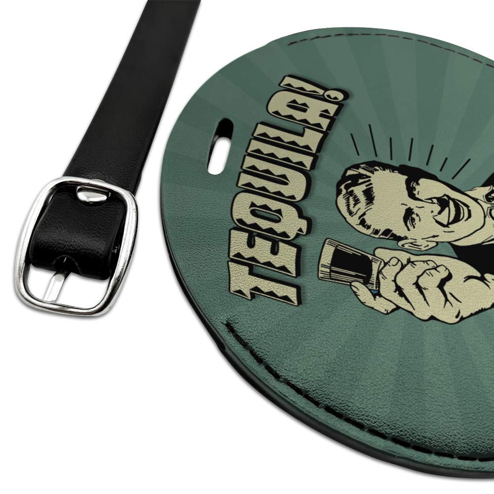 Funny Retro Round Leather Luggage Tag - Tequila Brain Off Liver On Humor ID Card Holder - Perfect for Travel, Suitcases & Backpacks