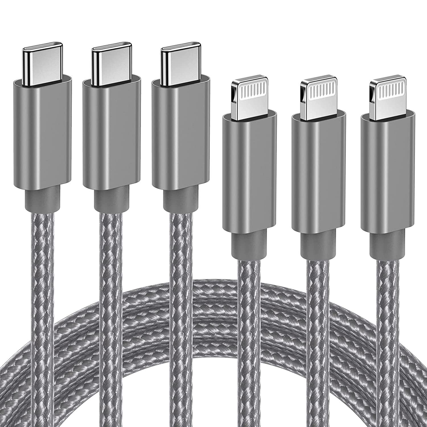 Quntis MFi Certified USB C to Lightning Cable 3 Pack (6.6ft) - Fast Charging Nylon Braided Cord for iPhone 13/12/11 Pro Max/XS Max/XR/X/8 Plus/iPad Pro - Durable Grey Charger for Home, Office & Travel