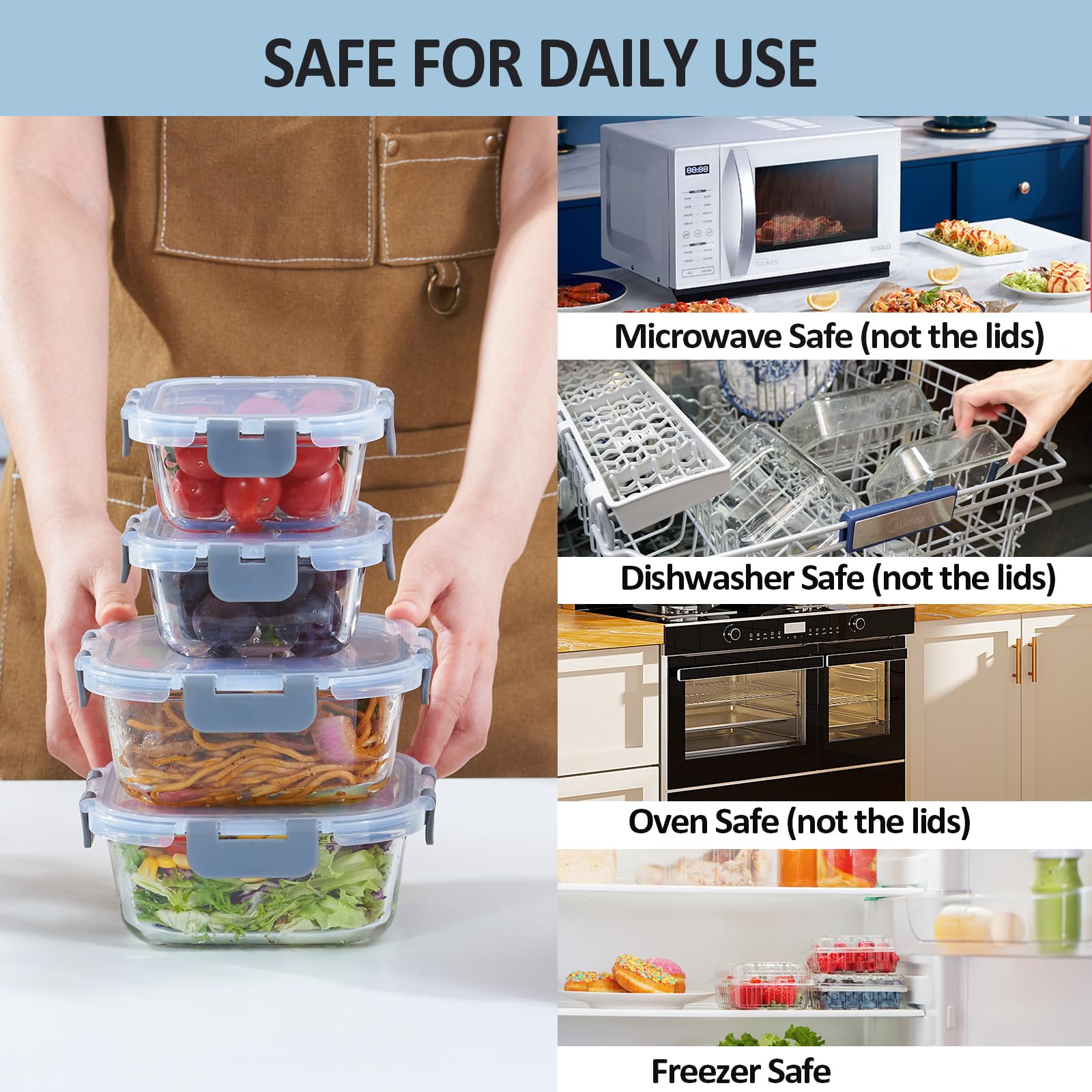 Premium 4-Pack Glass Food Storage Containers with Airtight Lids - Shatterproof & Leakproof for Oven, Microwave & Dishwasher Safe - Ideal for Meal Prep, Leftovers & Pantry Organization (Grey)