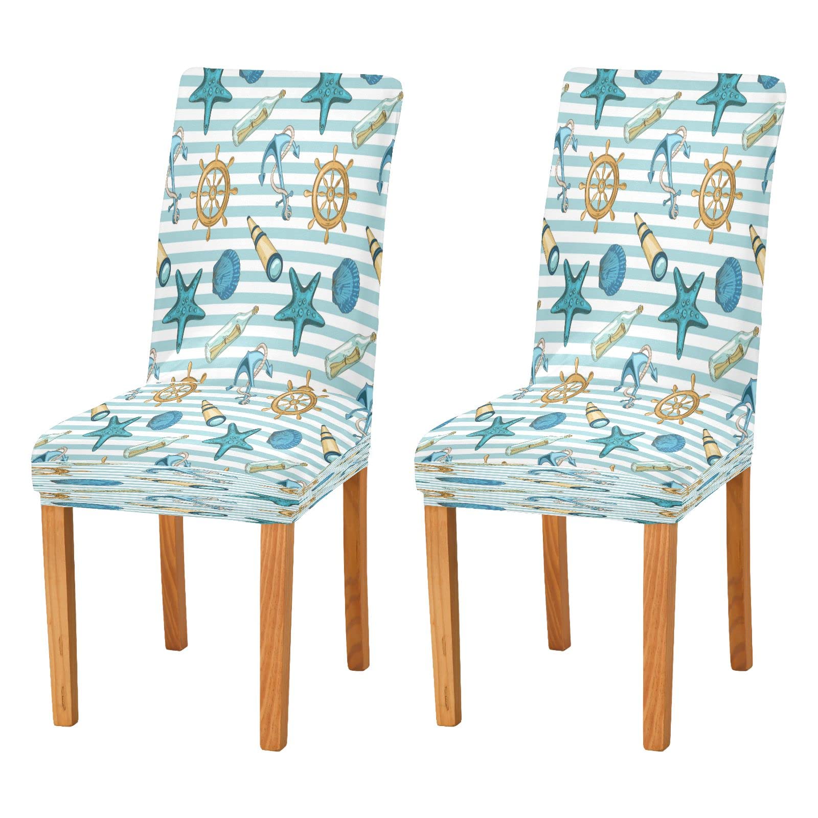 Anchor Teal Starfish Seashell Chair Covers - Washable Dining Room Slipcovers (2-Pack) | Waterproof Seat Protectors for Home, Kitchen, Restaurant & Hotel | Perfect for Coastal Decor & Beach-Themed Events