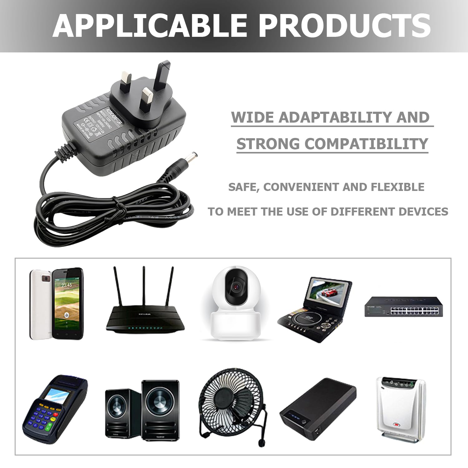 12V 3A Power Adapter, AC 100-240V to DC 12V Power Supply with UK Plug - Compatible with LED Strip Lights, Security Cameras, Routers, Audio Equipment & ADSL Modems (5.5mm x 2.1mm Jack) - Wall Charger for Home, Office, Studio & Outdoor Use