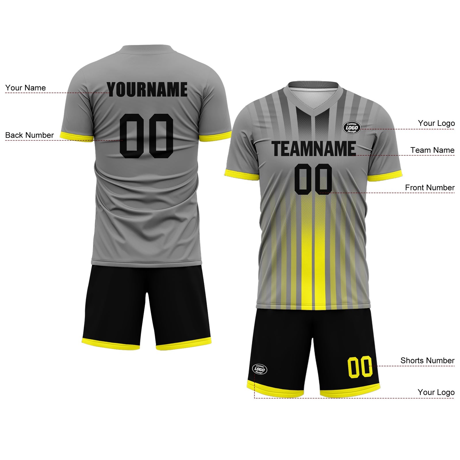 Custom Gray & Yellow Soccer Jersey Set - Personalized Team Uniform SCJ101 D020131 for Men, Women & Youth - Perfect for Matches, Training & Fan Support