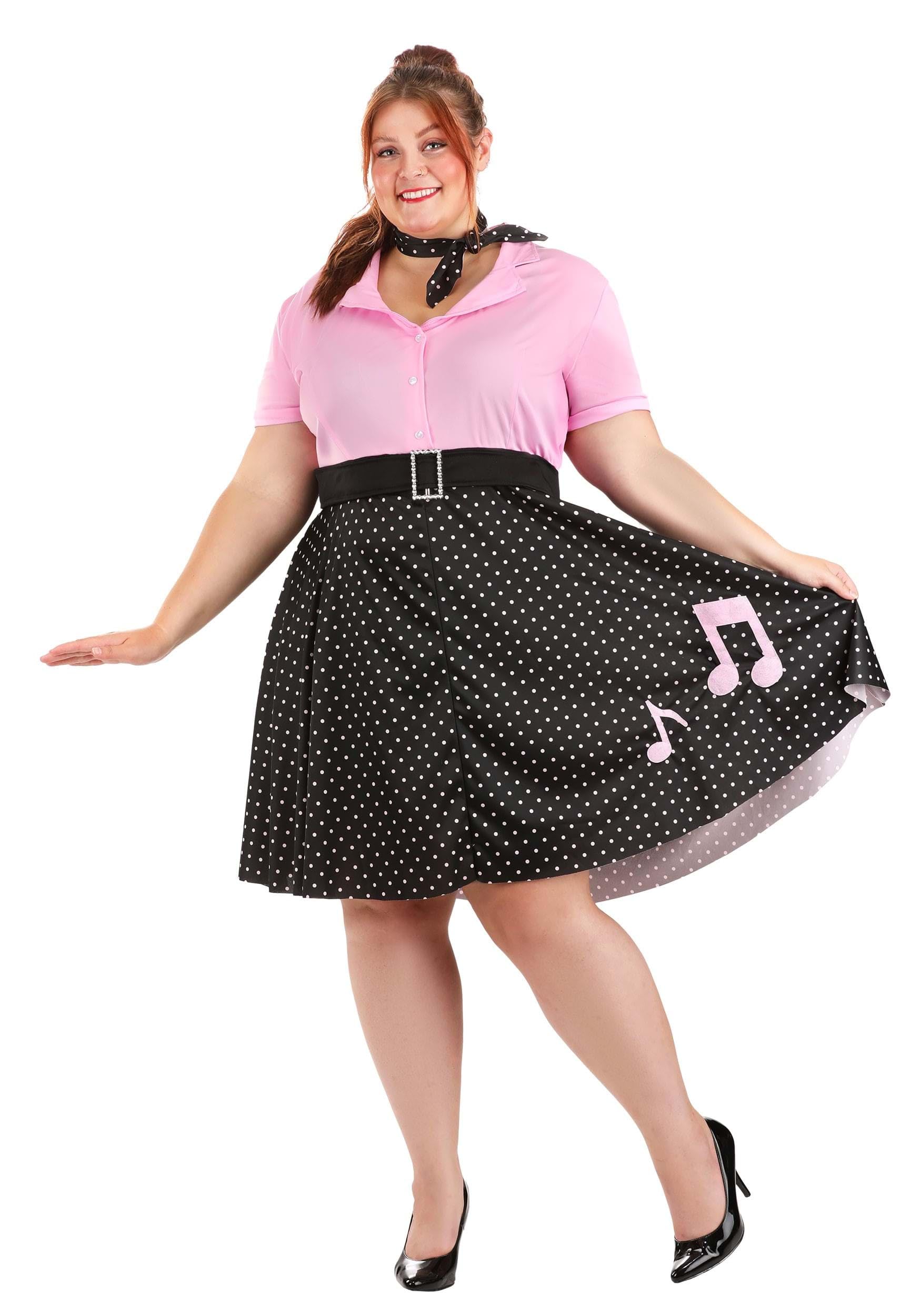 Plus Size 1950s Sock Hop Costume Dress for Women - Pink & Black Polka Dot Rockabilly Poodle Skirt Outfit with Matching Scarf | 50s Theme Party, Halloween Costume, Vintage Retro Dress Up