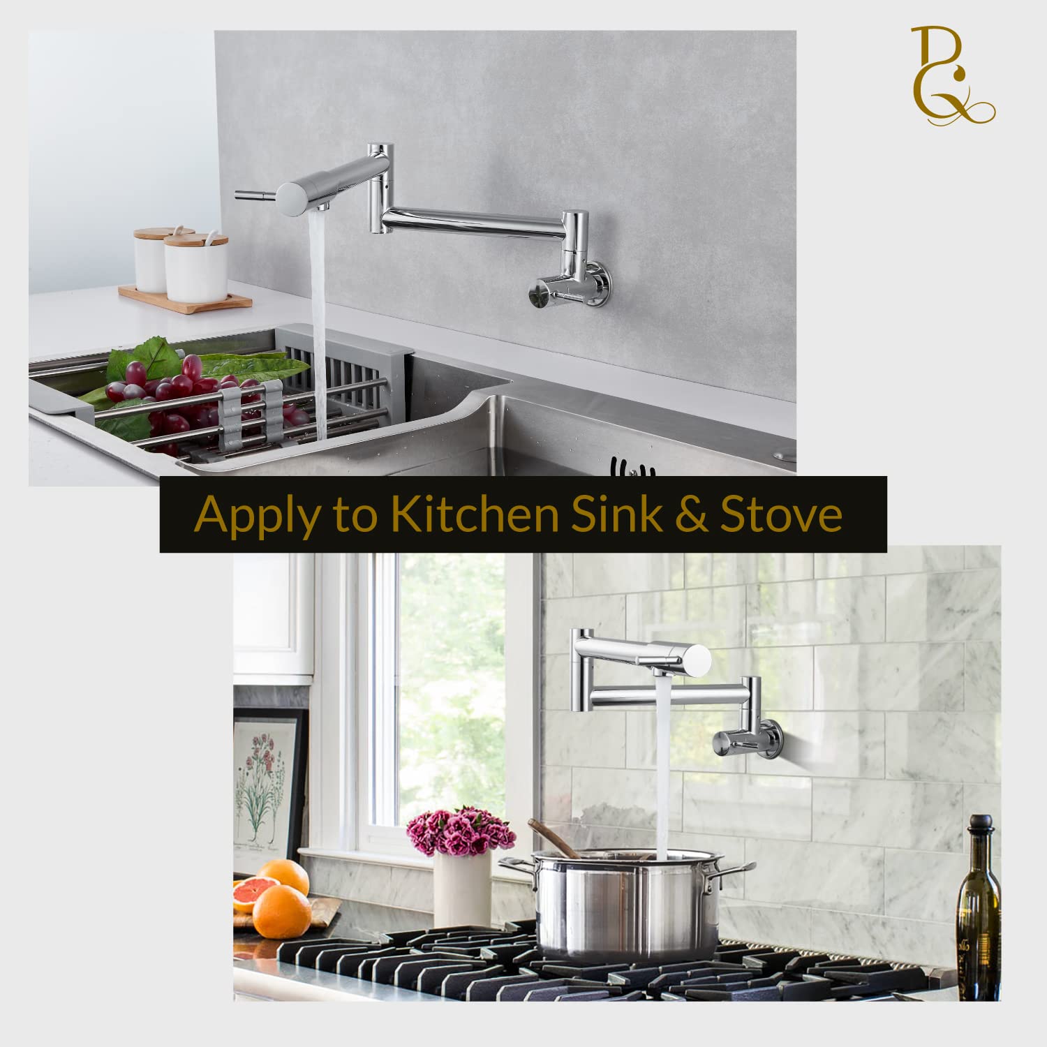 Brassqueen Commercial Stainless Steel Wall Mount Pot Filler Faucet - NPT Connection, Stretchable Swing Arm, Polish Chrome Finish, Single Hole Installation with Dual Handles | Perfect for Restaurant Kitchens & Home Cooking Stations