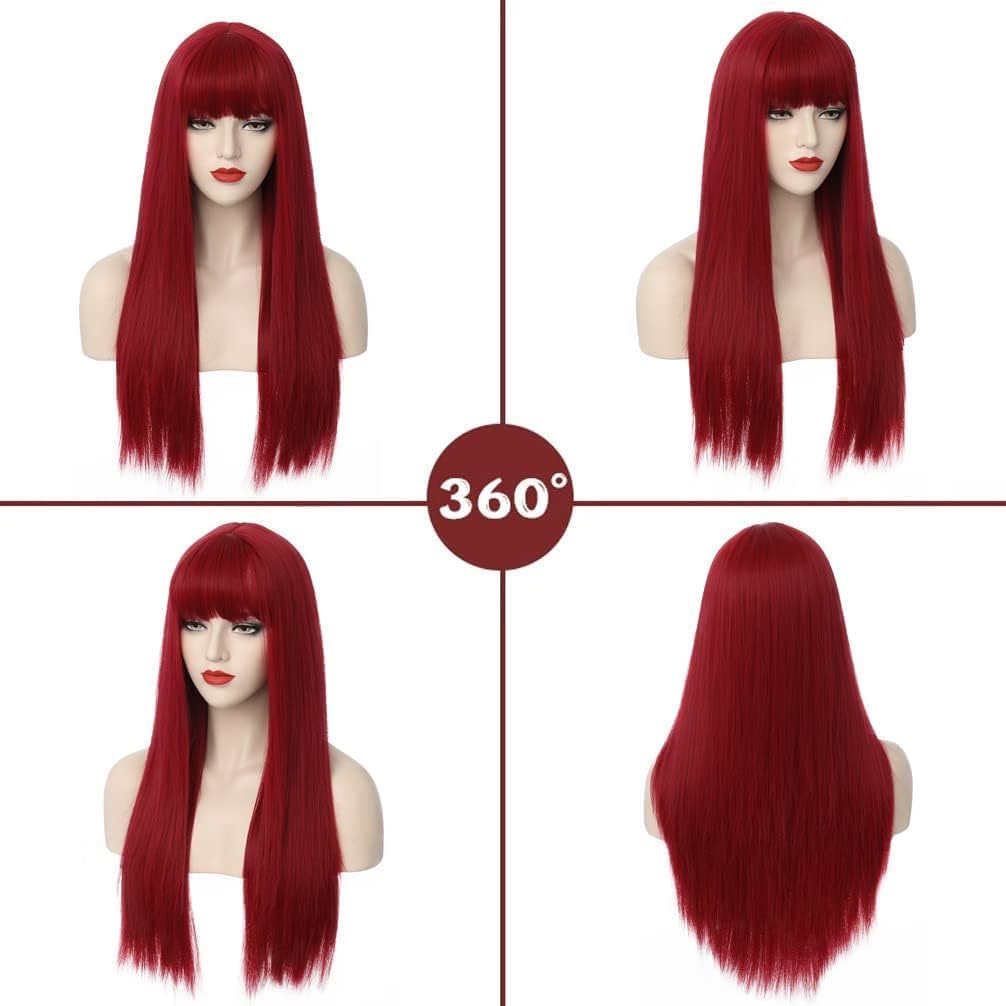 RightOn Long Straight Red Wig with Bangs - Wine Red Full Machine-Made Synthetic Wig for Cosplay, Halloween, Parties & Daily Wear | Heat Resistant & Natural Look