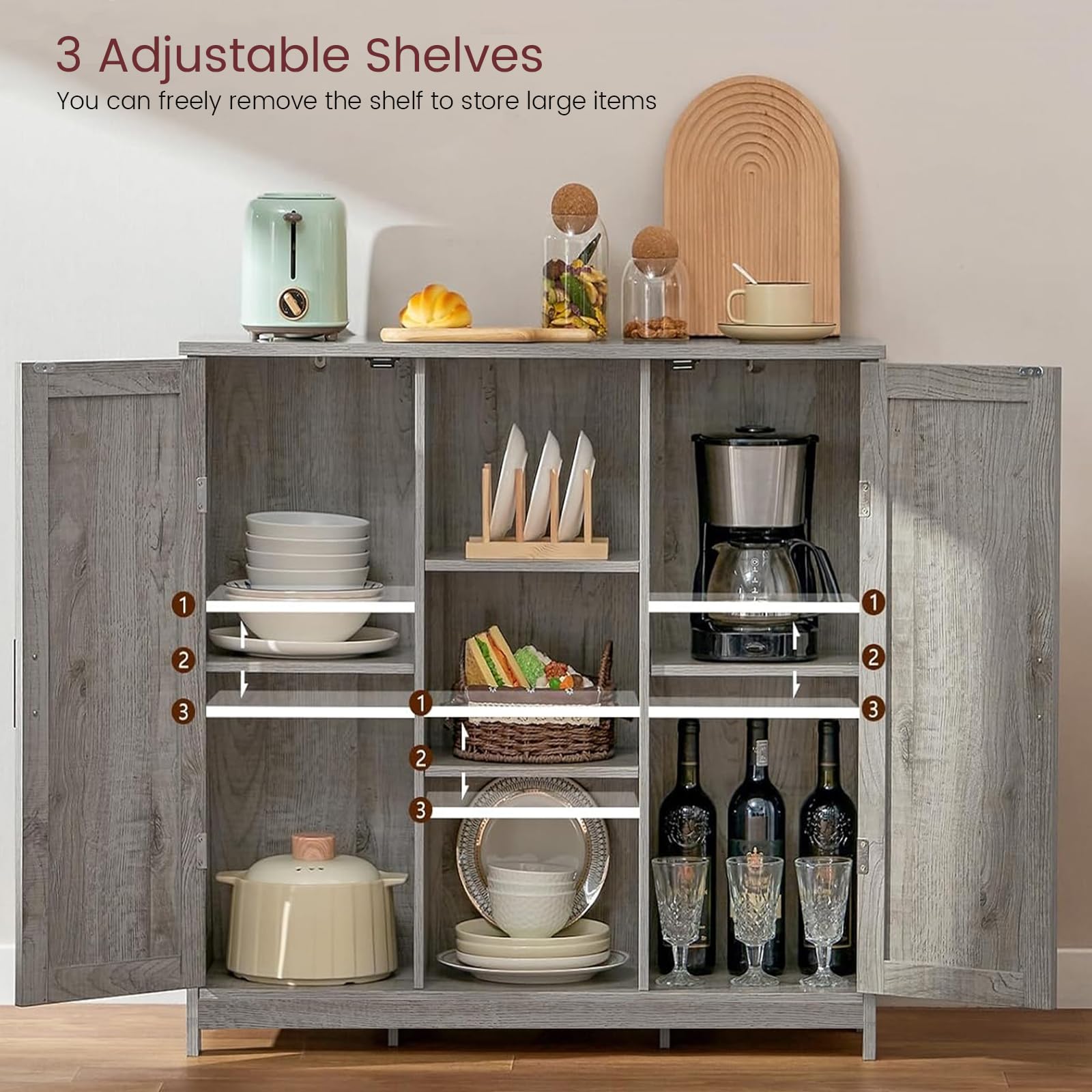 Rustic Gray Iwell 2-Door Storage Cabinet with 4 Adjustable Shelves - Buffet Sideboard for Living Room, Entryway, Kitchen | Perfect for Home Organization & Displaying Decor