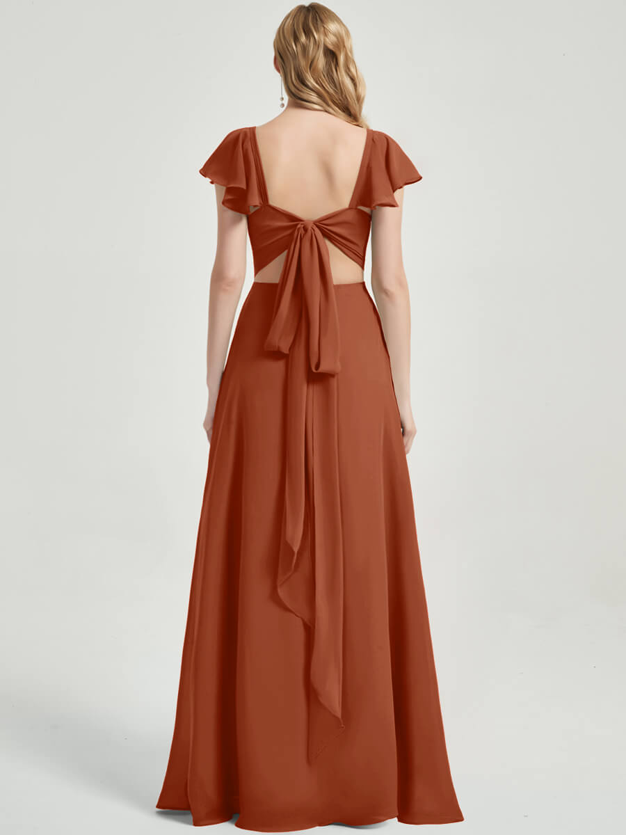 Elegant Burnt Orange Ruffle Cap Sleeve Floor-Length Bridesmaid Dress with High Slit - Perfect for Weddings, Formal Events & Evening Parties