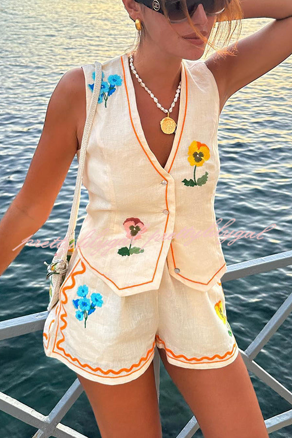 Stylish Summer Flower Printed Linen Blend Vest & Elastic Waist Shorts Set with Pockets - Casual Outfit for Beach Vacation, Picnic, and Summer Fashion