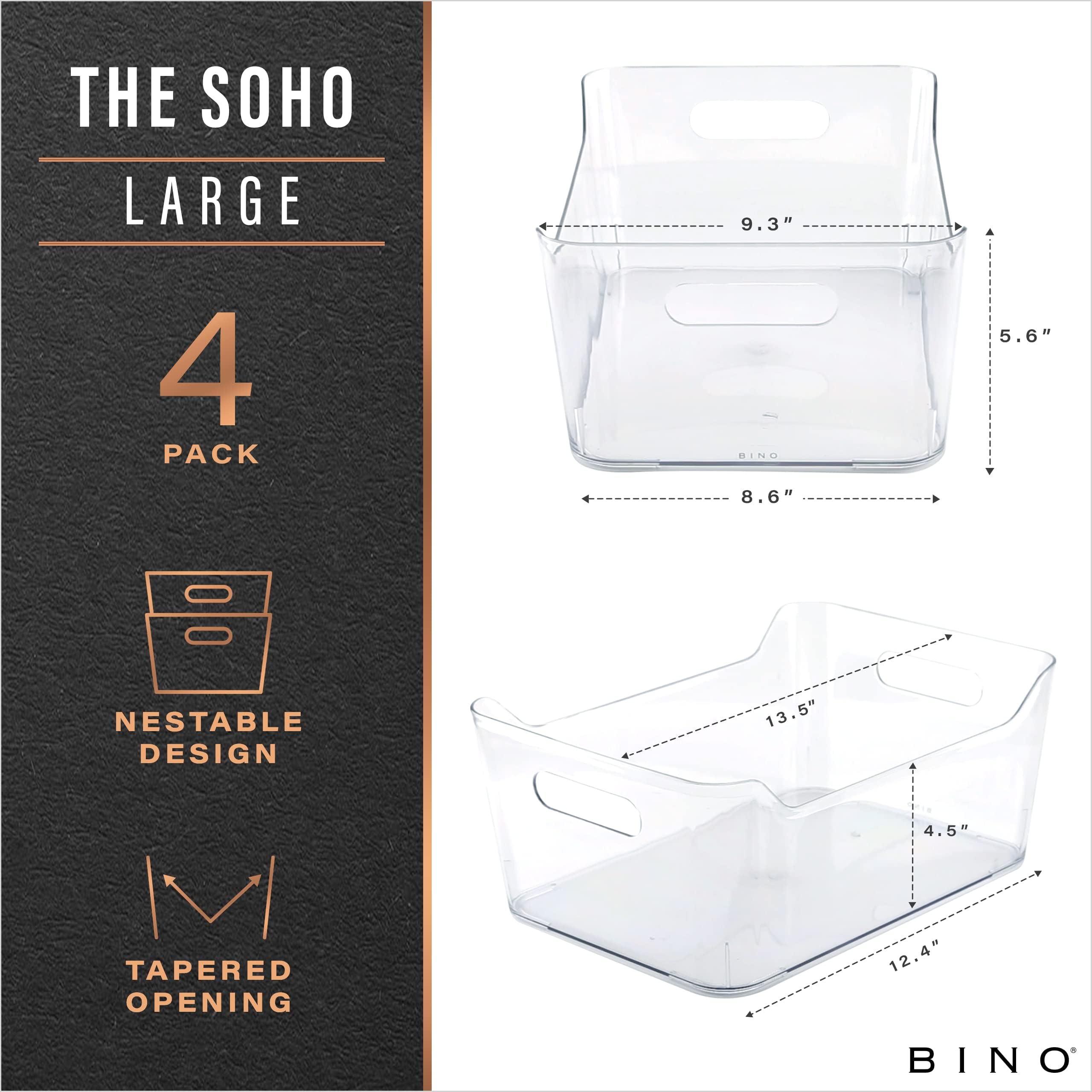 BINO Plastic Organizer Bins - 4 Pack Large Storage Containers for Pantry, Freezer, Kitchen & Home Organization | Multi-Use Stackable Bins | The SOHO Collection | Perfect for Food Storage, Closet Organizing & Office Supplies