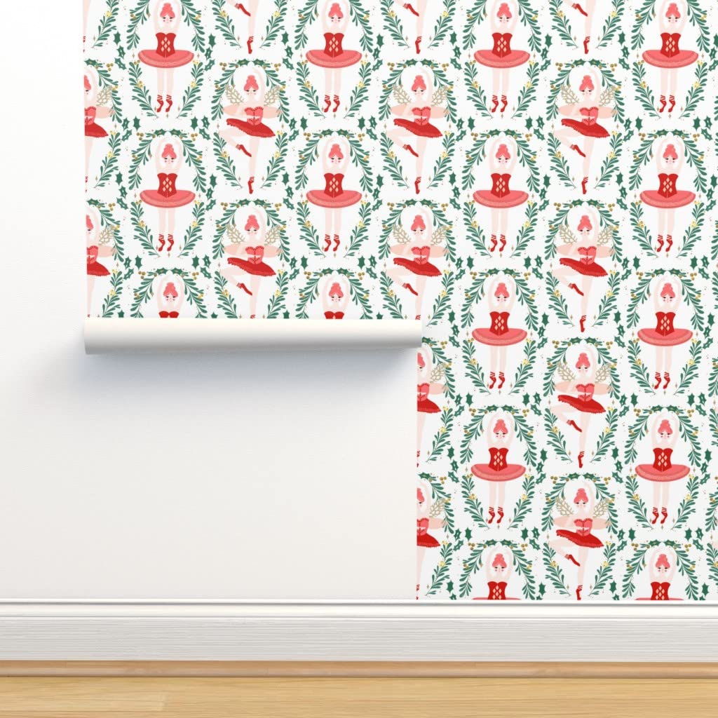 Commercial Grade Ballet Christmas Wreath Nutcracker Ballerina Wallpaper - Traditional Red Pink Winter Holiday Xmas Design by Spoonflower | Perfect for Home Decor, Nursery, Bedroom & Living Room Accent Walls