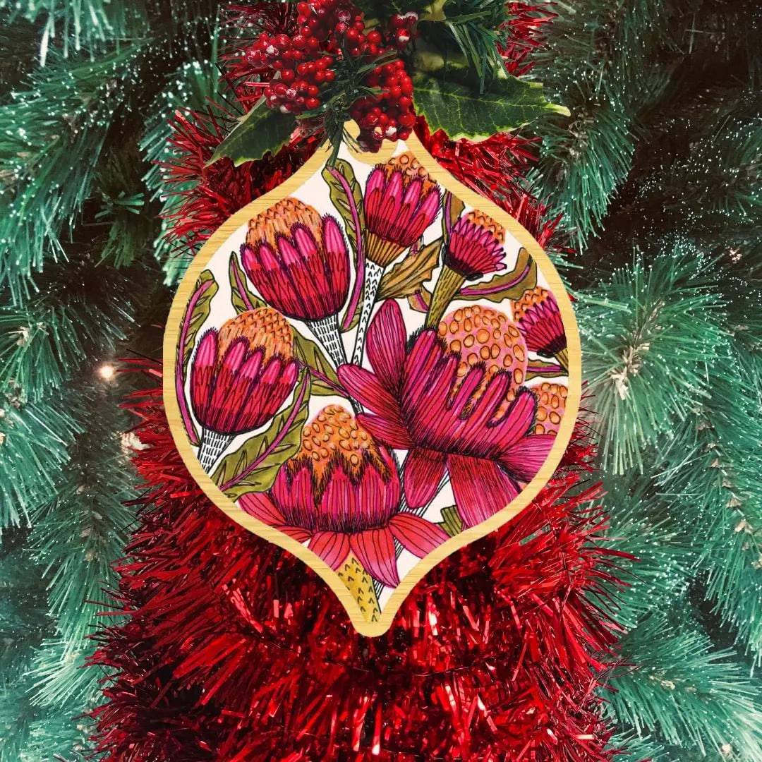 Australian Waratah Flowers Wooden Christmas Ornament - Handcrafted Holiday Decor for Tree, Gift, and Home Decoration