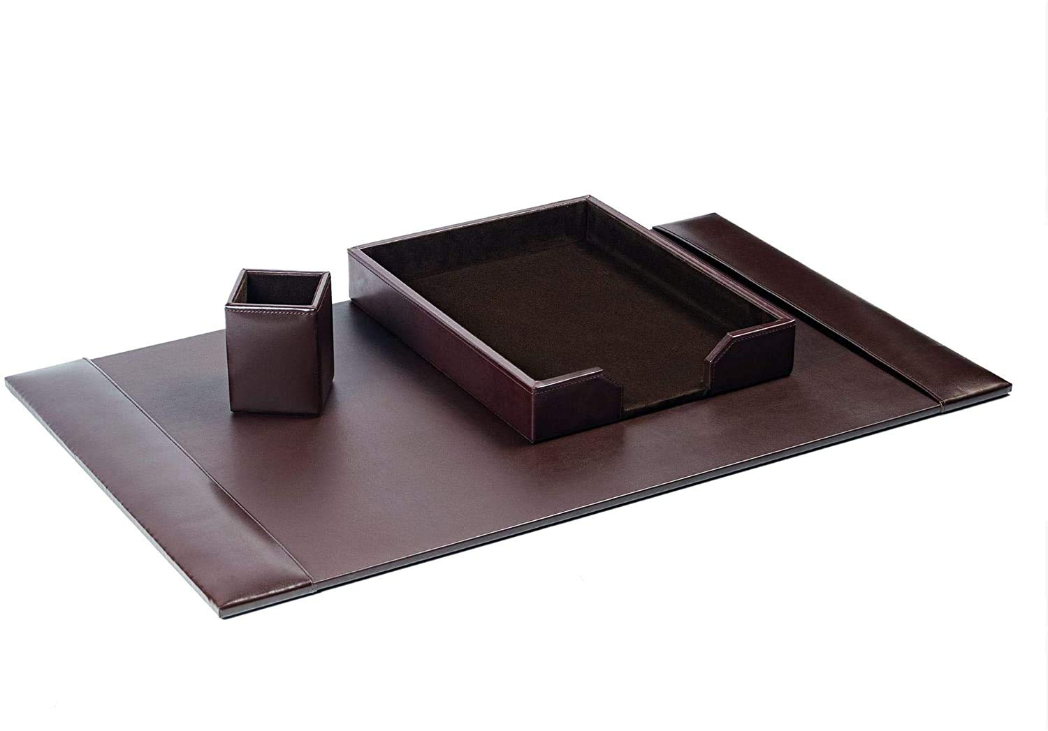 Premium Chocolate Brown Leather 3-Piece Desk Set (Pen Holder, Letter Tray & Document Organizer) - WAUCUST1479 - Perfect for Office, Home Study & Executive Workspace Decor