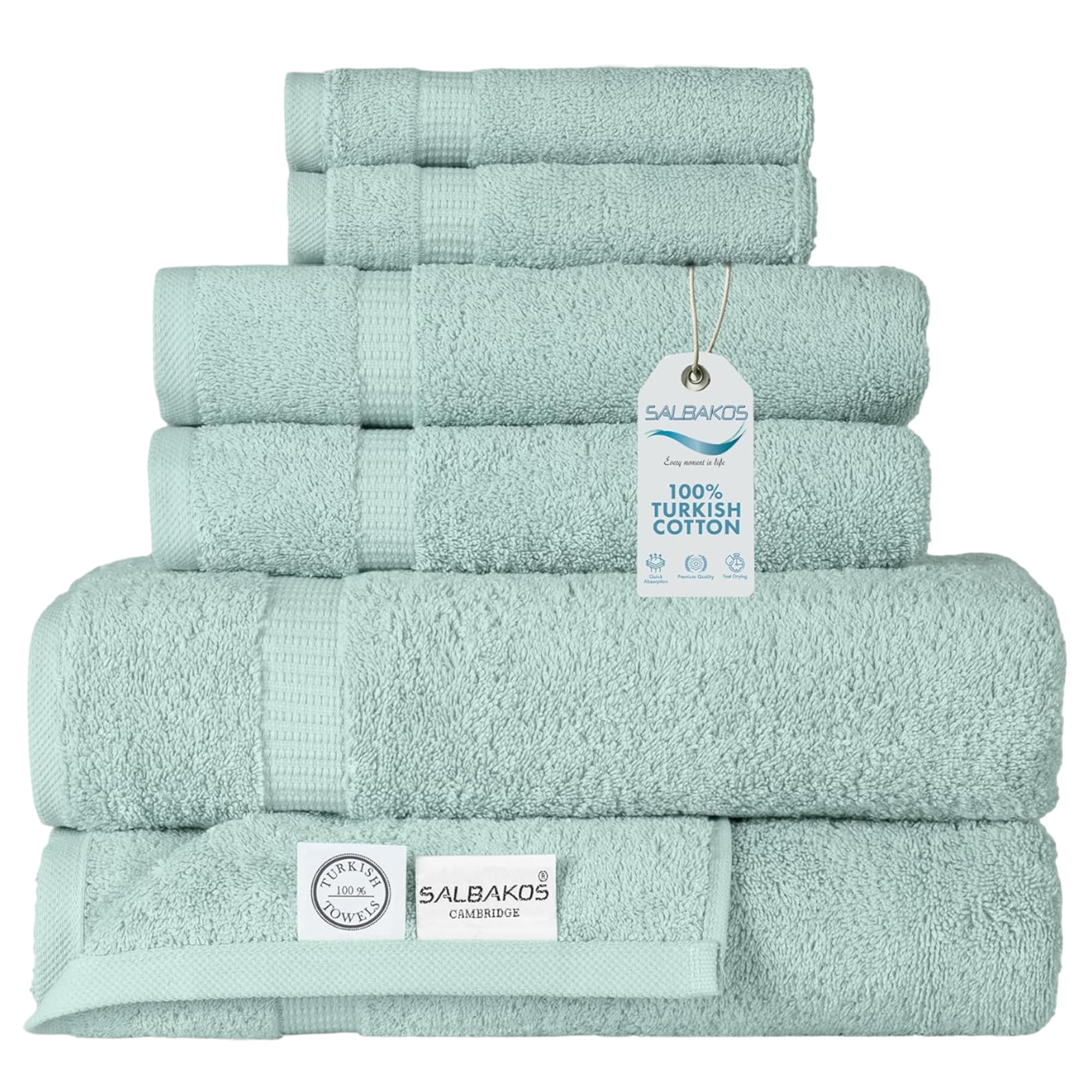 Premium 6-Piece Turkish Cotton Towel Set - Ultra Soft, Quick Drying & Highly Absorbent Bath Towels, Hand Towels & Washcloths | Luxury Spa & Bathroom Essentials for Home, Hotel & Gym Use (Seafoam Green)