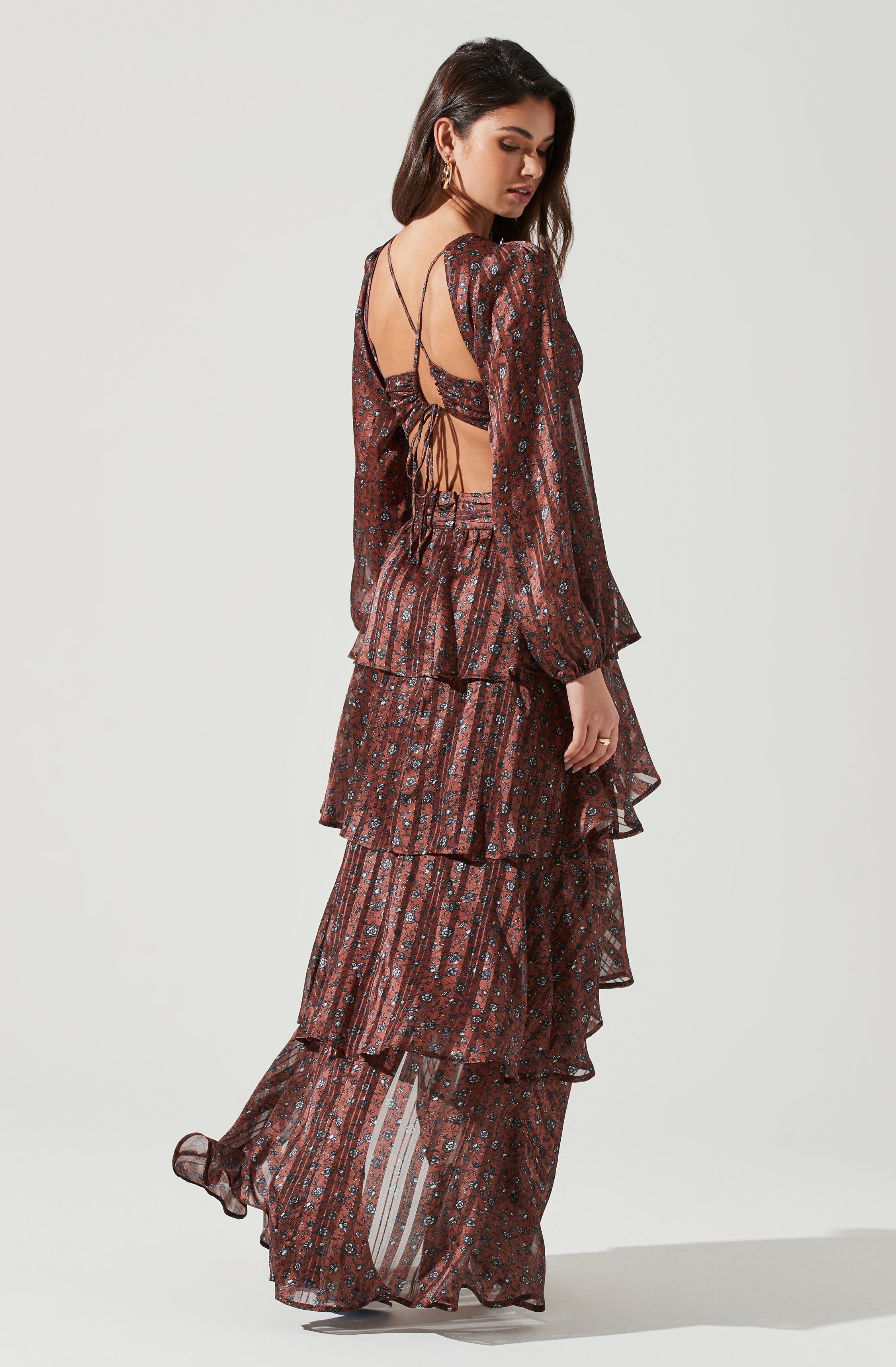 Anora Floral Tiered Maxi Dress for Women - Summer Boho Beach Dress with Long Sleeves & Side Slits - Perfect for Vacations, Weddings & Date Nights