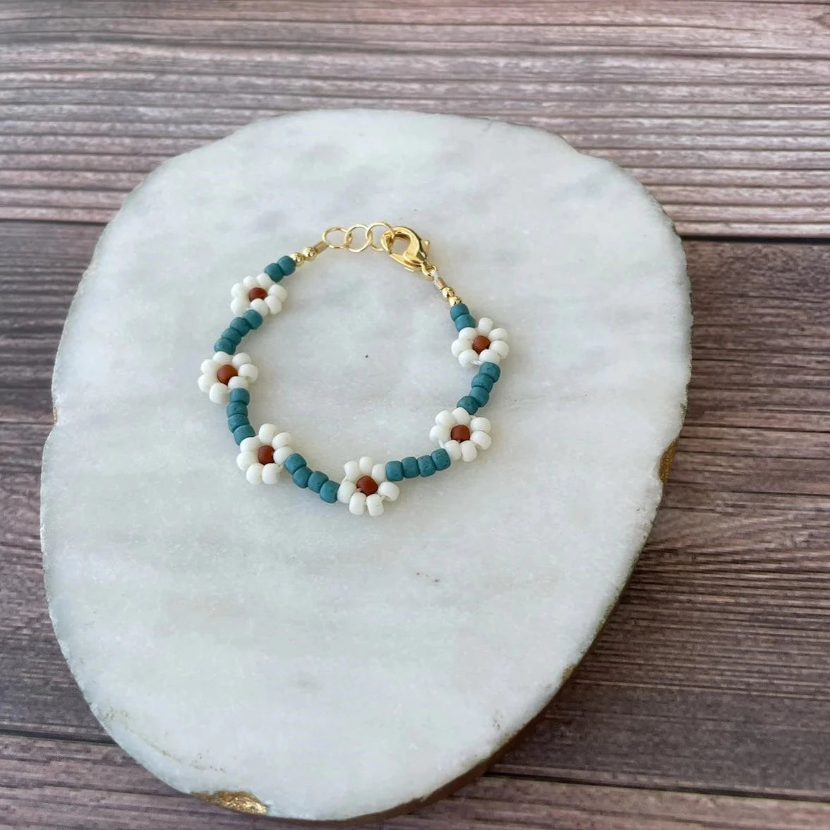 14K Gold Filled Floral Bracelet for Women - Matte Teal and Ivory Beaded Charm Bangle - Perfect for Weddings, Parties & Everyday Wear