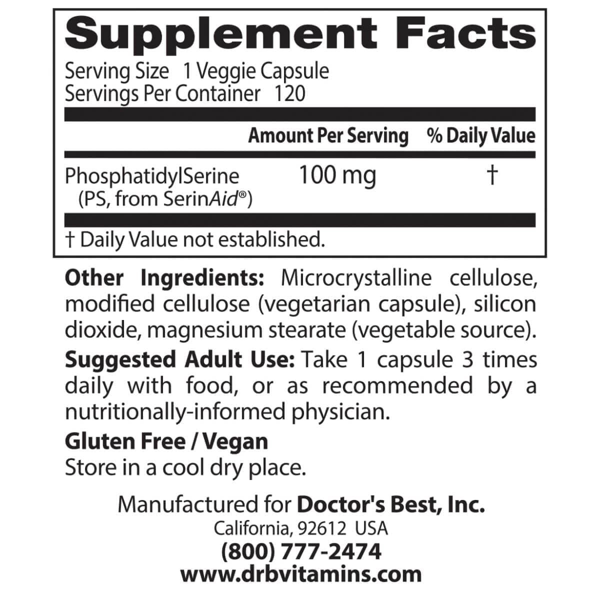 Doctor's Best Phosphatidylserine with SerinAid 100mg - 120 Vegetarian Capsules for Memory Support & Cognitive Function - Ideal for Students, Professionals & Seniors