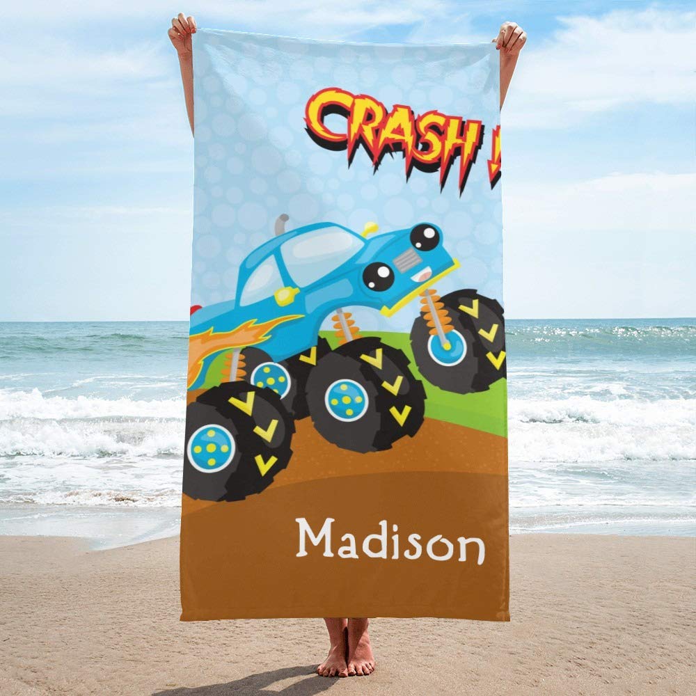 Custom Personalized Beach Towel with Name - 60x30 Inch Colorful Monster Truck Design for Kids, Girls, Boys, Adults, Women & Men | Perfect for Travel, Beach, Pool, Bathroom & Outdoor Activities