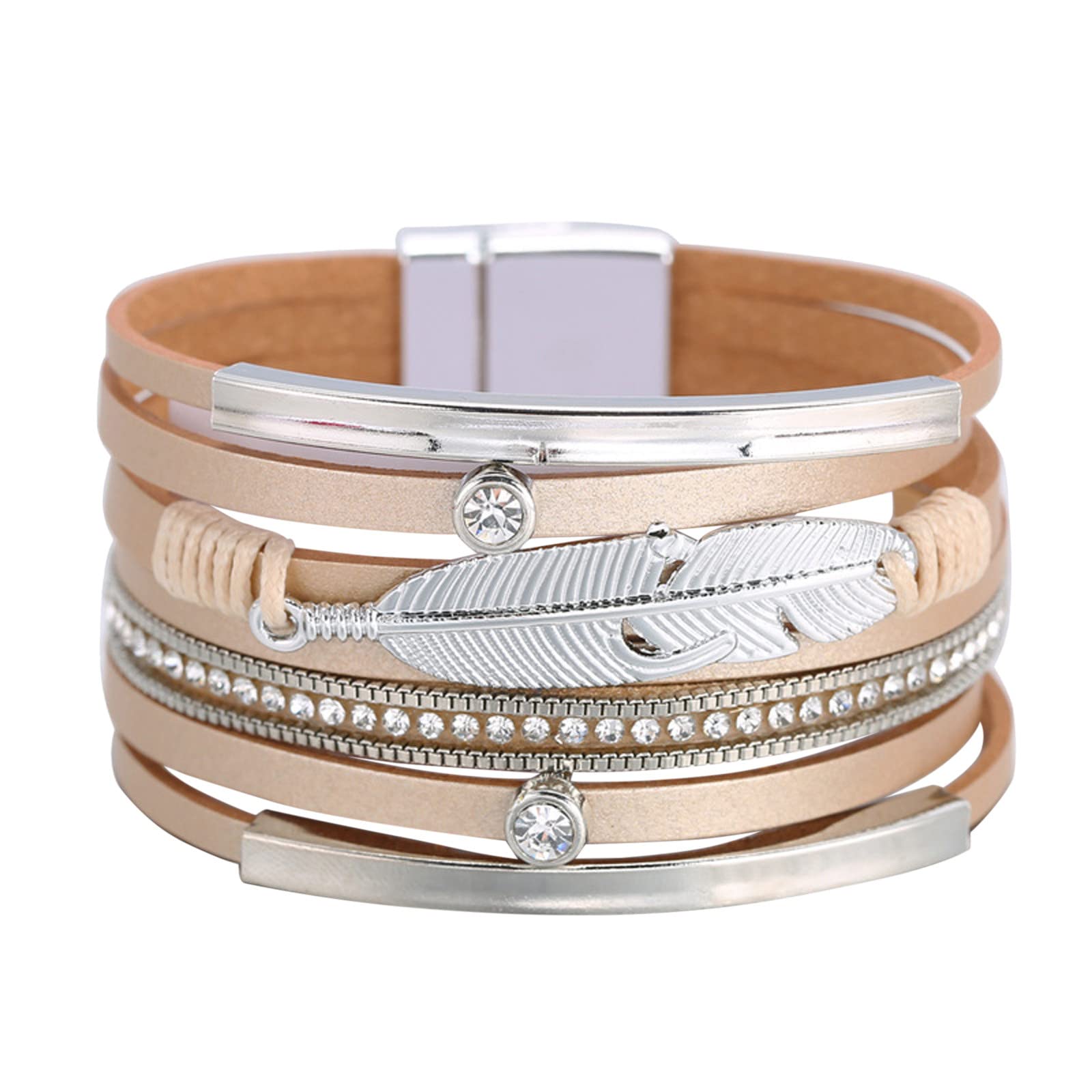 Women's Magnetic Leather Cuff Bracelet with Crystal Feather Charm - Adjustable Multilayer Wrap Bracelet for Arthritis Pain Relief - Fashion Jewelry Gift for Women & Girls (Beige, One Size) - Perfect for Daily Wear, Office & Special Occasions