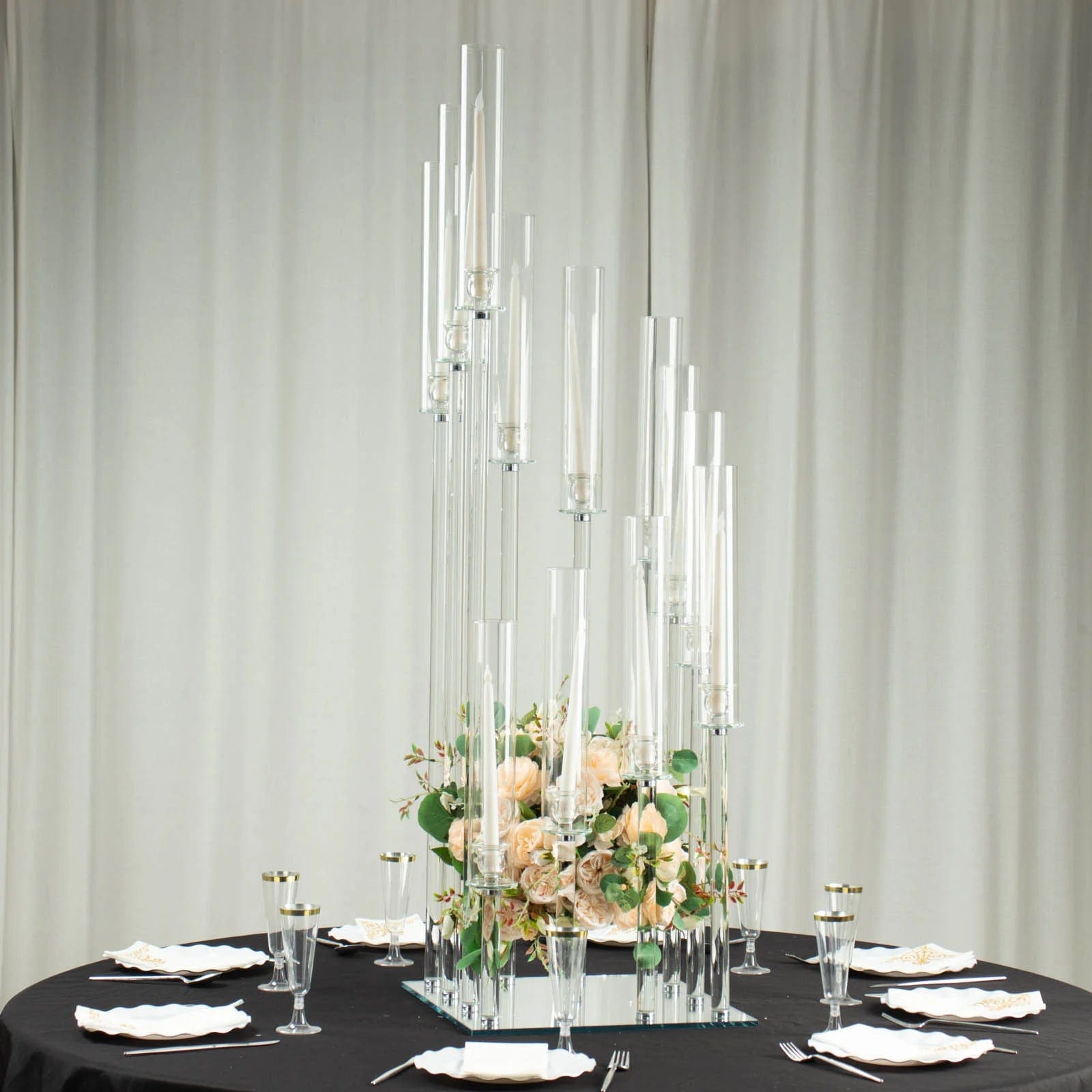 4.5 ft Tall 12-Arm Crystal Glass Square Candelabra Taper Candle Holder - Clear Elegant Centerpiece for Wedding, Dining Table & Home Decor