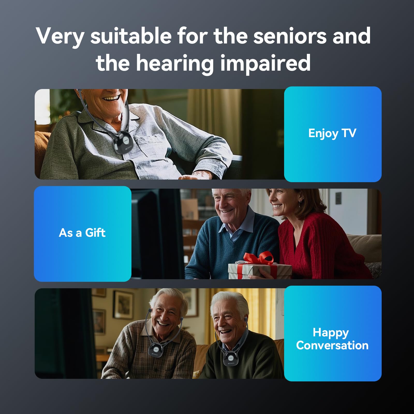 Retekess TA008 Wireless TV Headphones for Seniors & Hearing Impaired - Dual Battery Combo, Independent Left/Right Ear Volume Control - Perfect for Late-Night TV Watching, Nursing Homes & Private Viewing