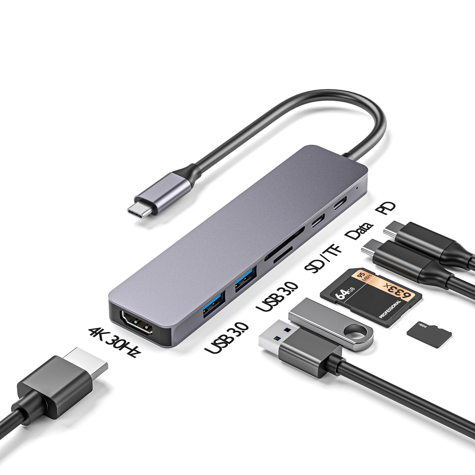 Paopaoldm 7-in-1 Aluminum USB C Hub with USB 3.0 Ports, SD/TF Card Reader, 100W PD Charging - Compact Multi-Port Adapter for MacBook Pro/Air, iPad Pro, Dell XPS - Perfect for Home Office, Travel & Gaming