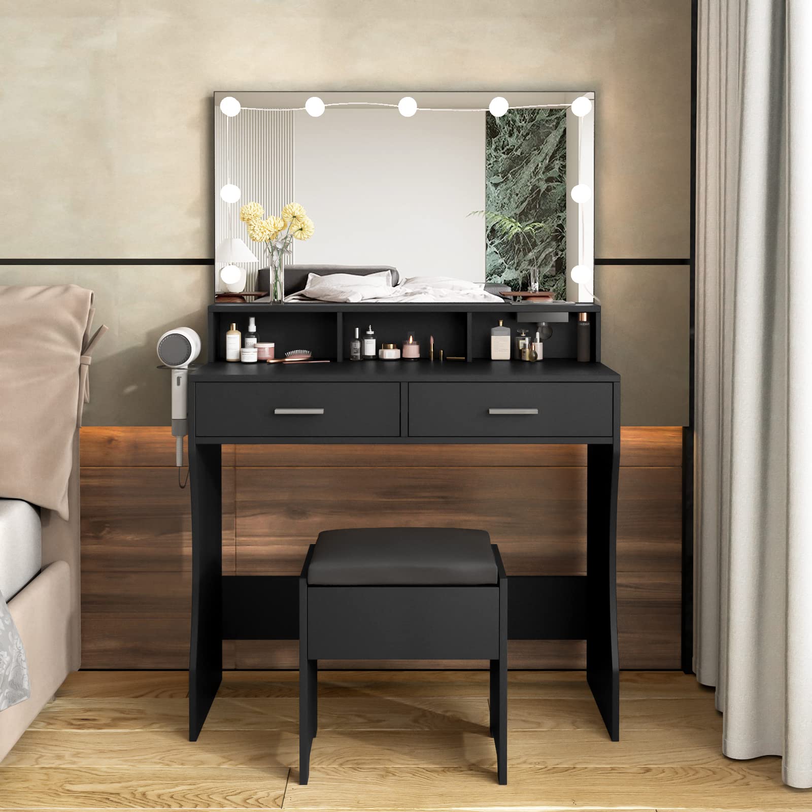 Vabches Makeup Vanity with LED Lighted Mirror & Power Outlet - Adjustable Brightness, 3 Lighting Colors, White Vanity Desk Set (31.5