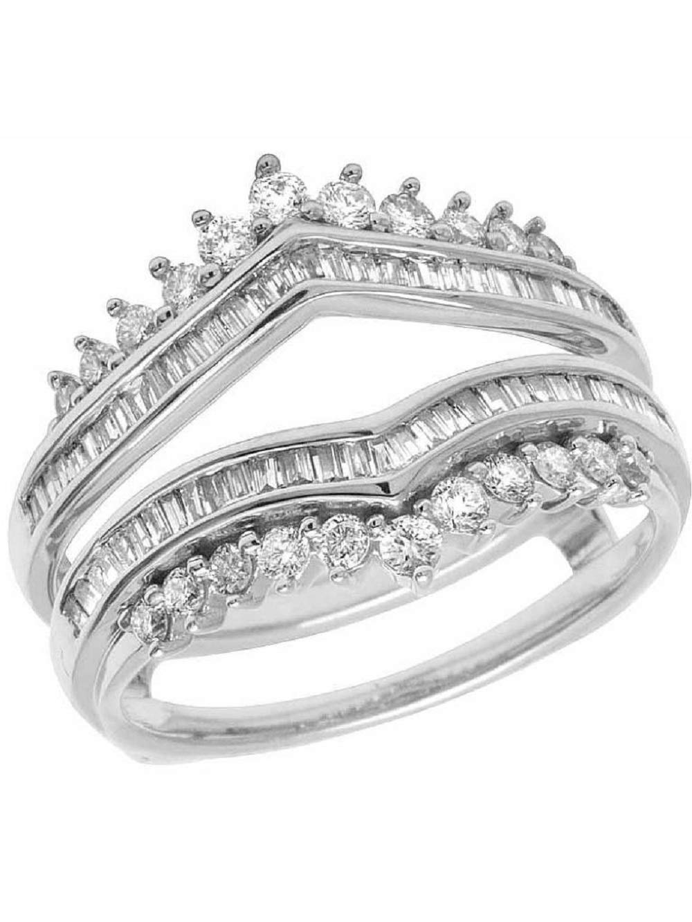 14K White Gold Round & Baguette Simulated Diamond Enhancer Wrap Guard Ring for Wedding Bands & Engagement Rings - Perfect Bridal Jewelry Gift