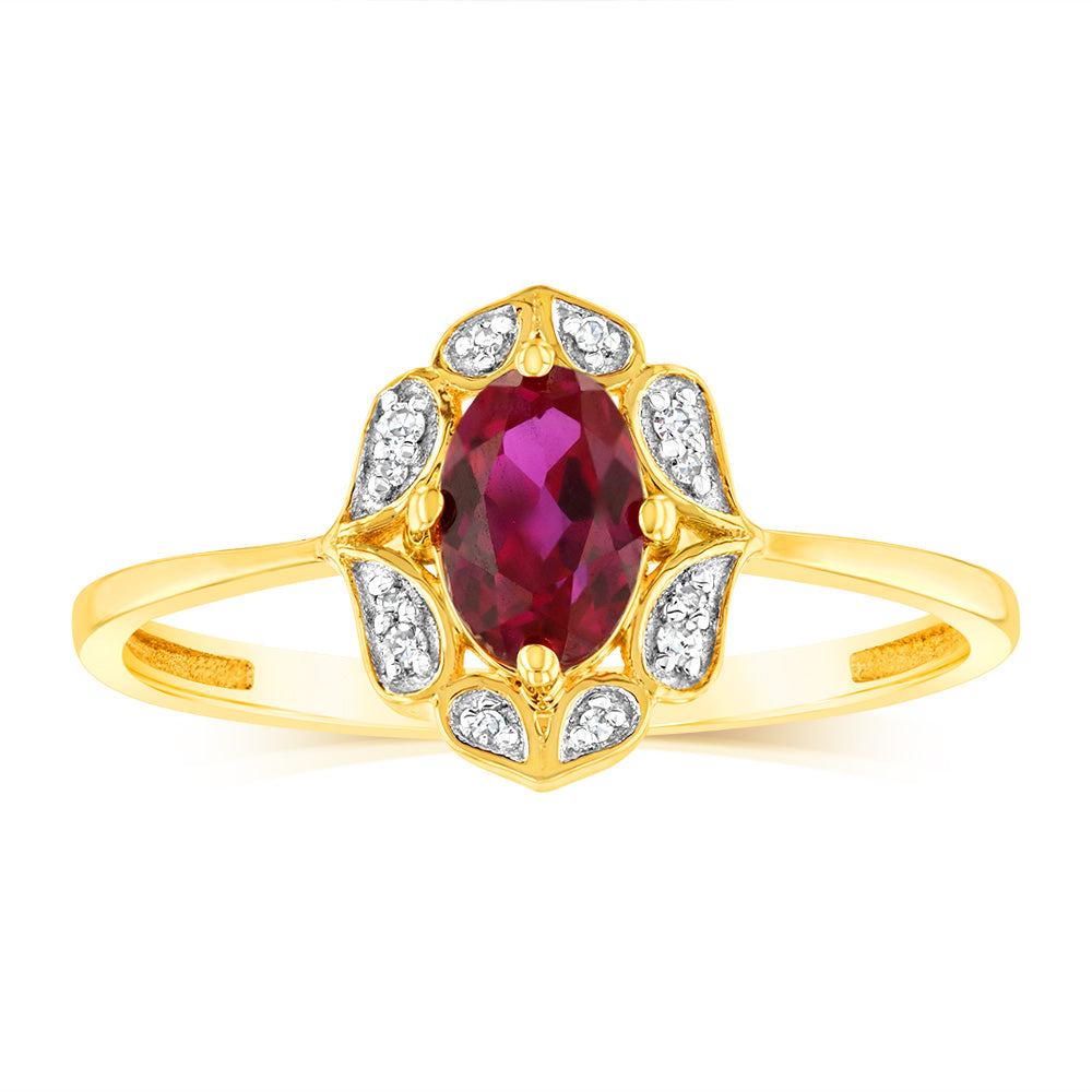 0.50 Carat Lab-Created Ruby and Diamond Oval Ring in 9K Yellow Gold | Elegant Engagement, Anniversary, or Gift Jewelry for Women