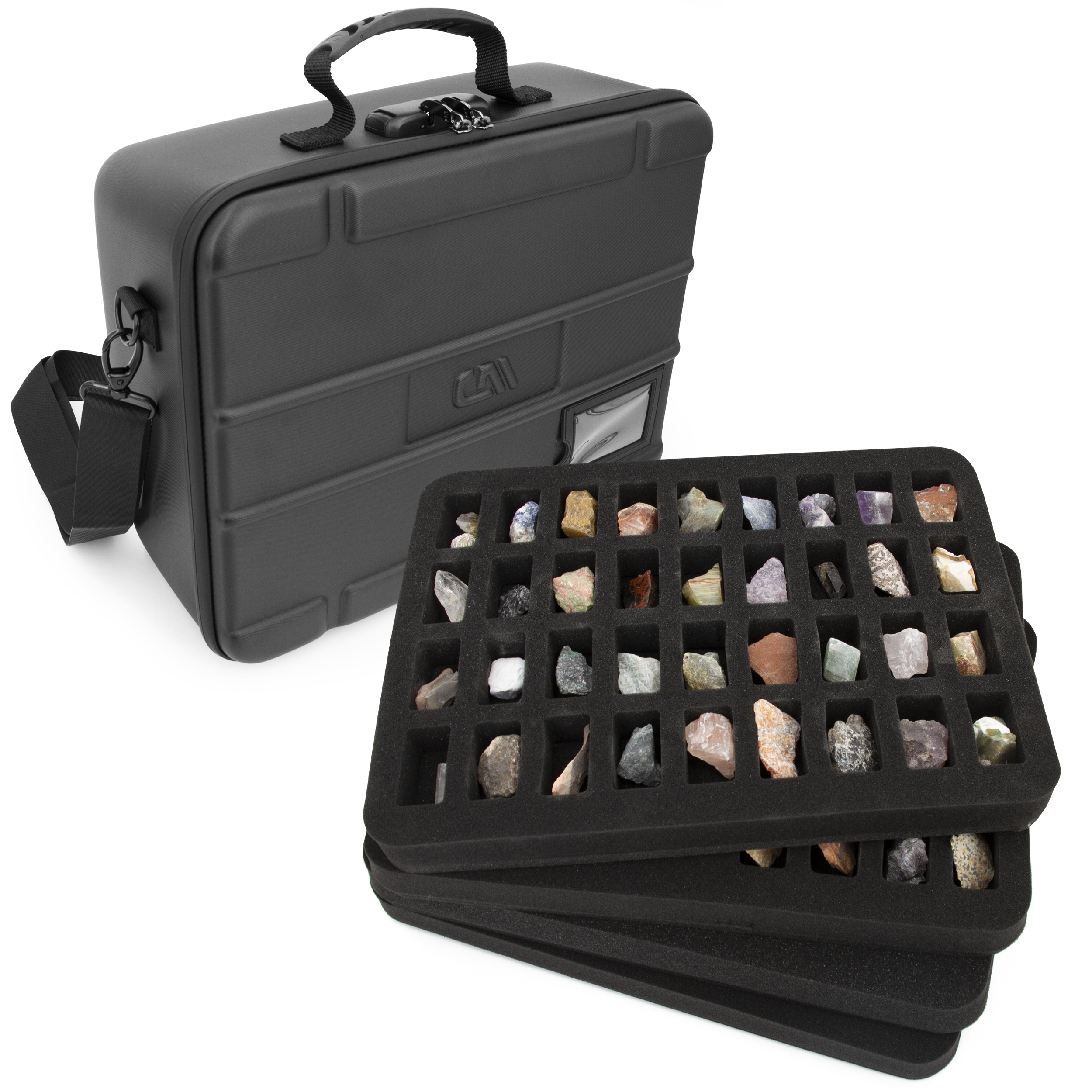 CASEMATIX 144 Slot Rock Collection Box with Programmable Lock - Crystal Storage Case with 4 Trays & Shoulder Strap - Perfect for Travel, Geology Field Trips & Mineral Organization