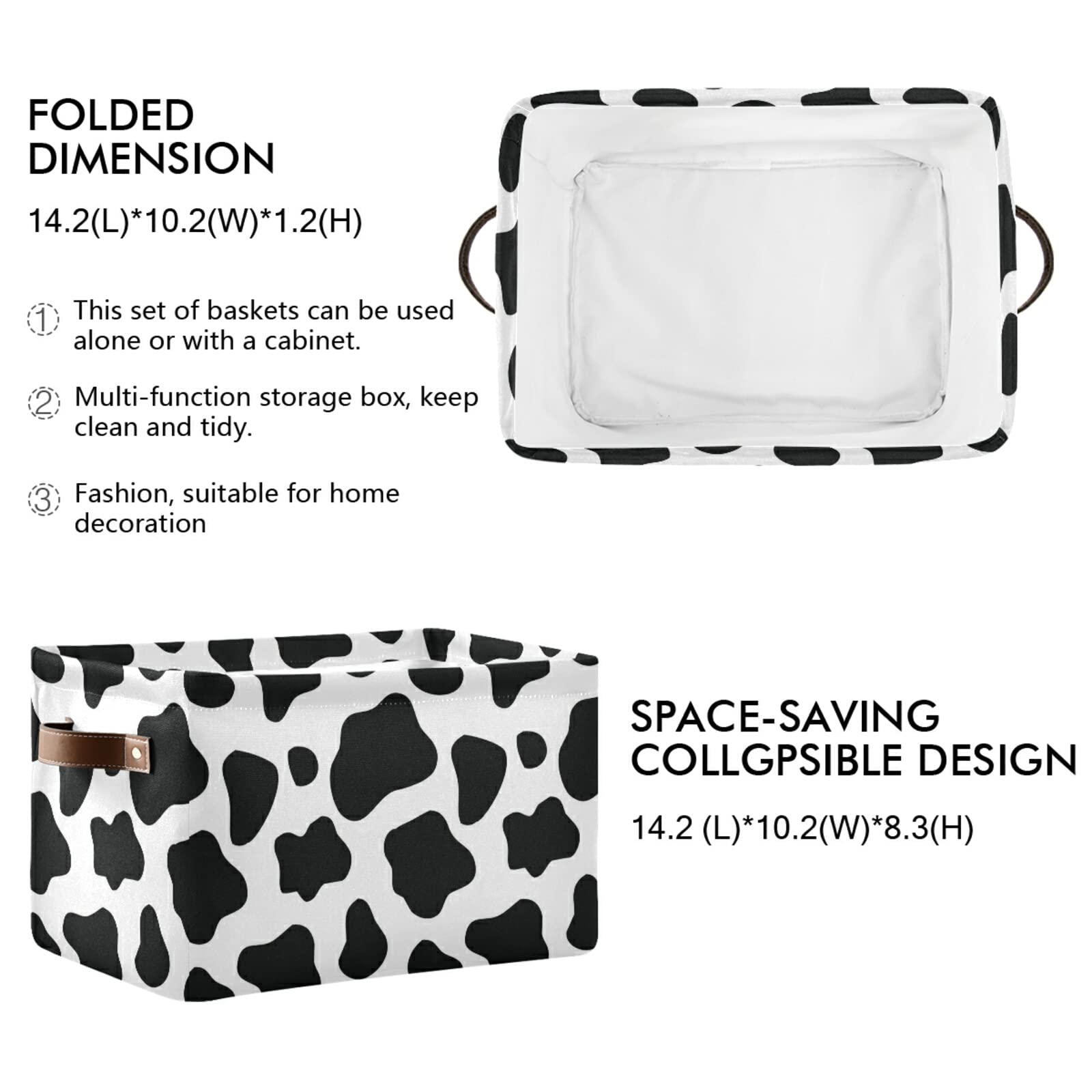 Black and White Cow Print Collapsible Storage Basket with Leather Handles - Rectangular Storage Bin for Nursery, Kitchen, School Organization | Perfect for Baby Clothes, Toys, Books & Home Decor
